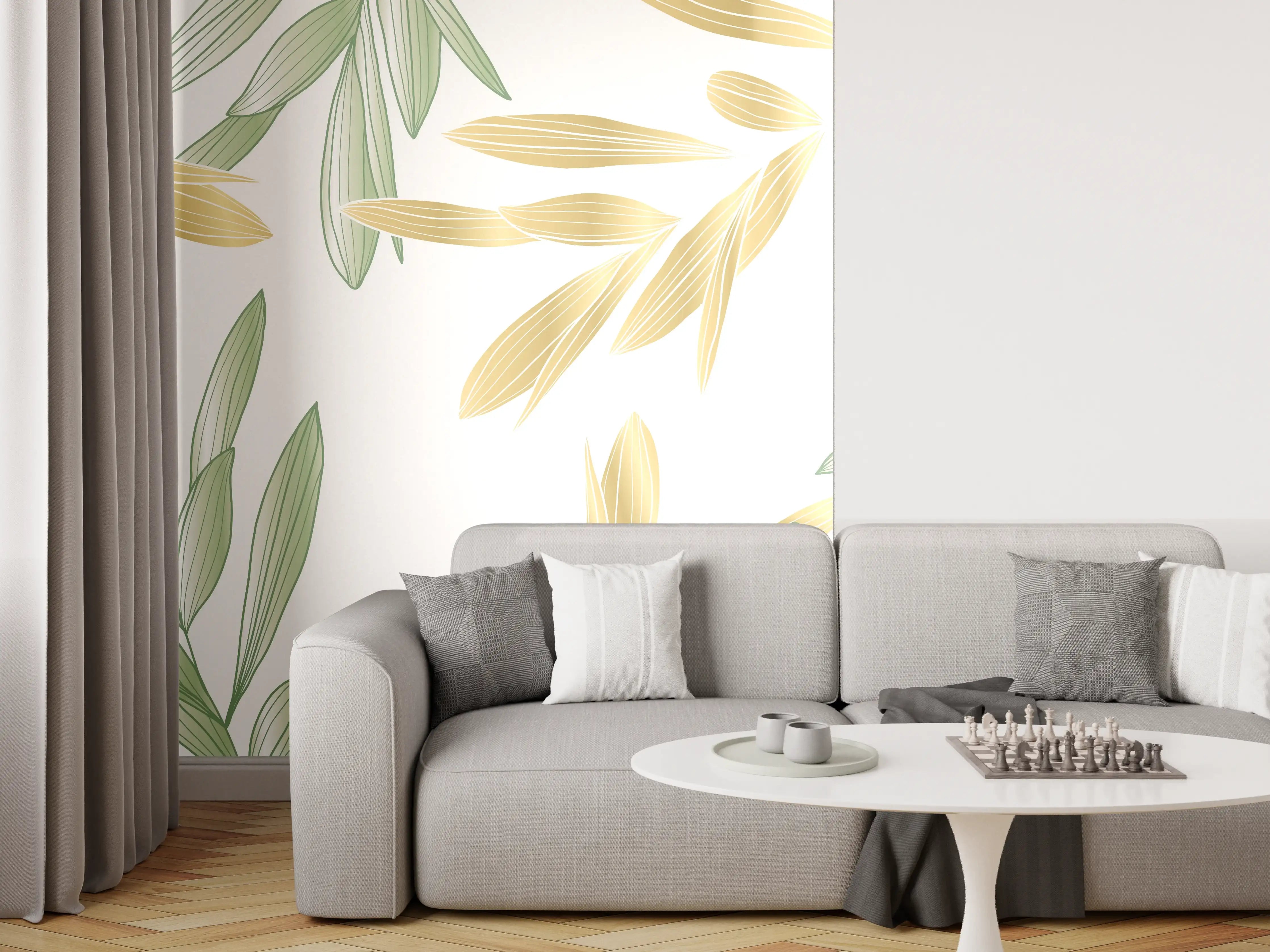 Wandverkleidung Wohnzimmer - Grüne Olivenzweige Muster