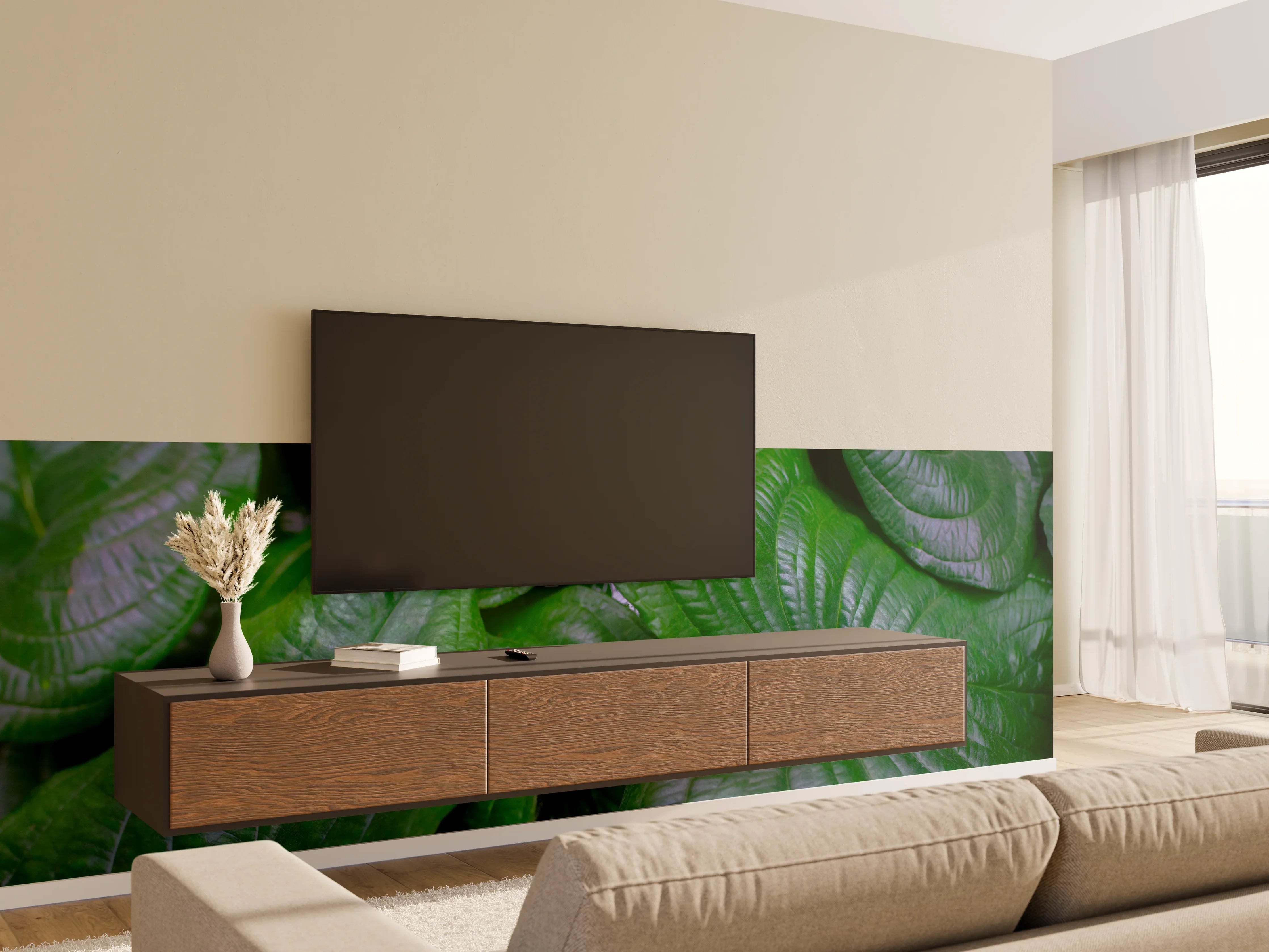 Wandverkleidung Wohnzimmer - Grüne, große Blätter im Nahaufnahme