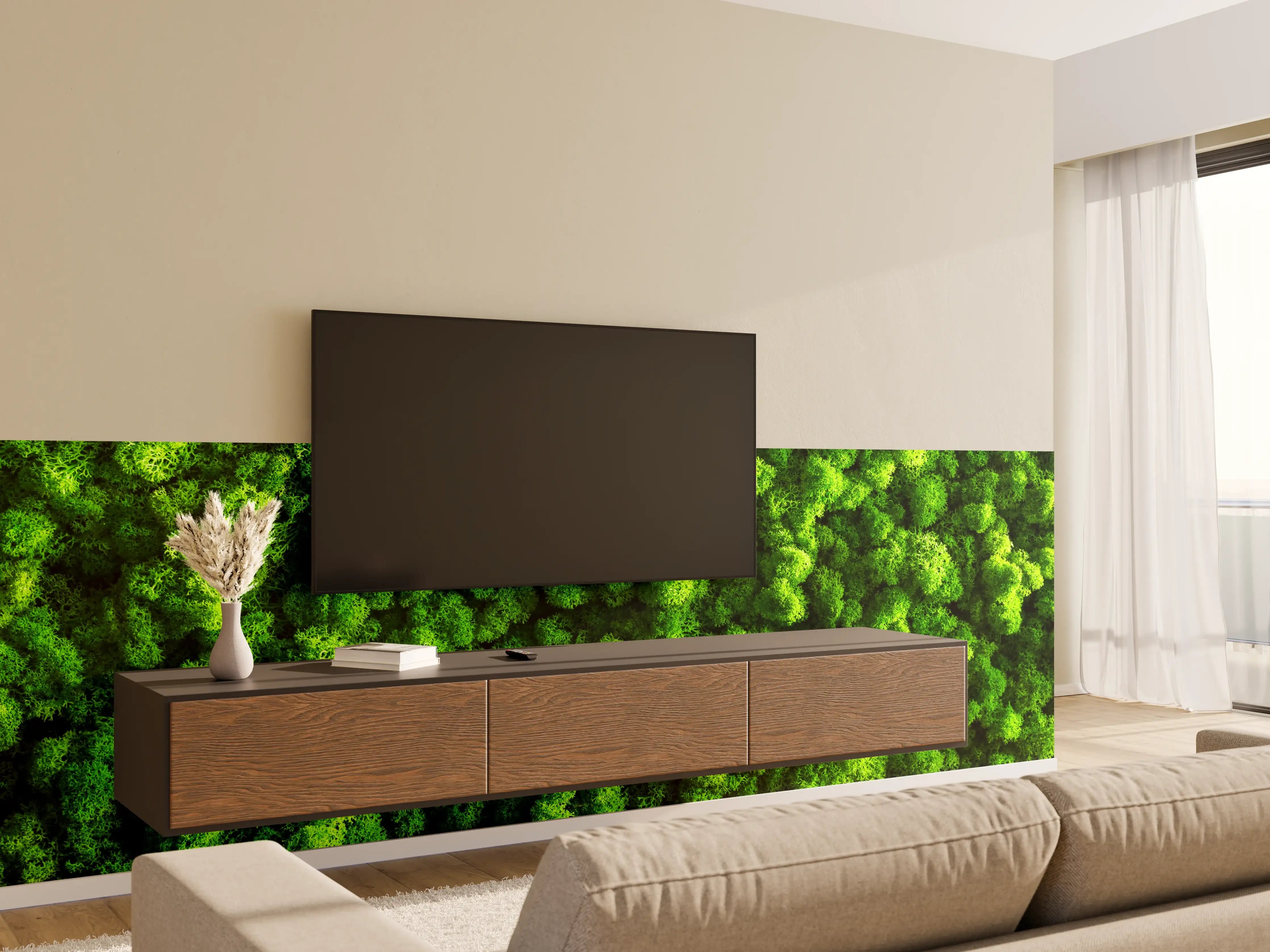 Wandverkleidung Wohnzimmer - Grüner Moosboden in Nahaufnahme