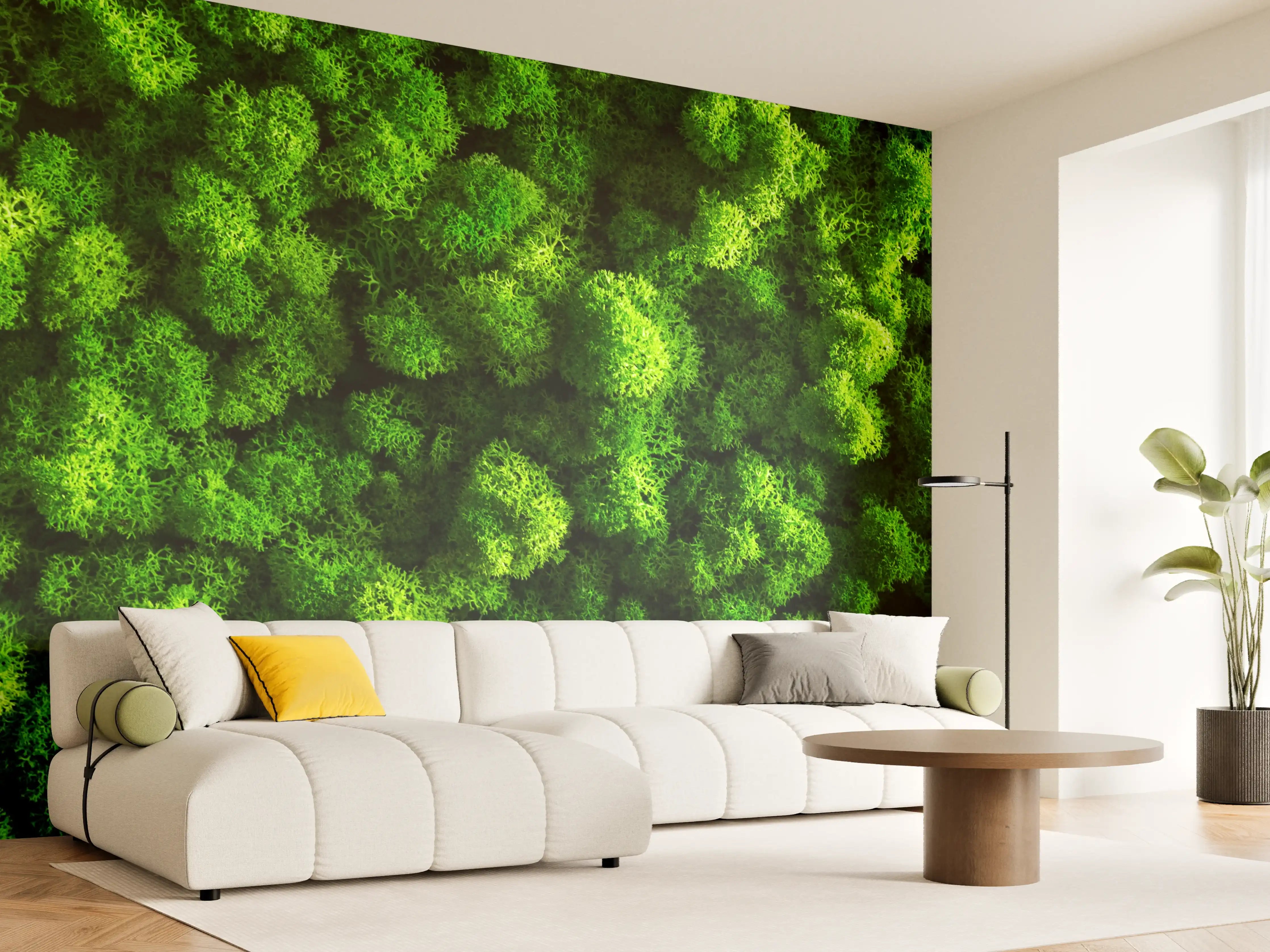 Wandverkleidung Wohnzimmer - Grüner Moosboden in Nahaufnahme