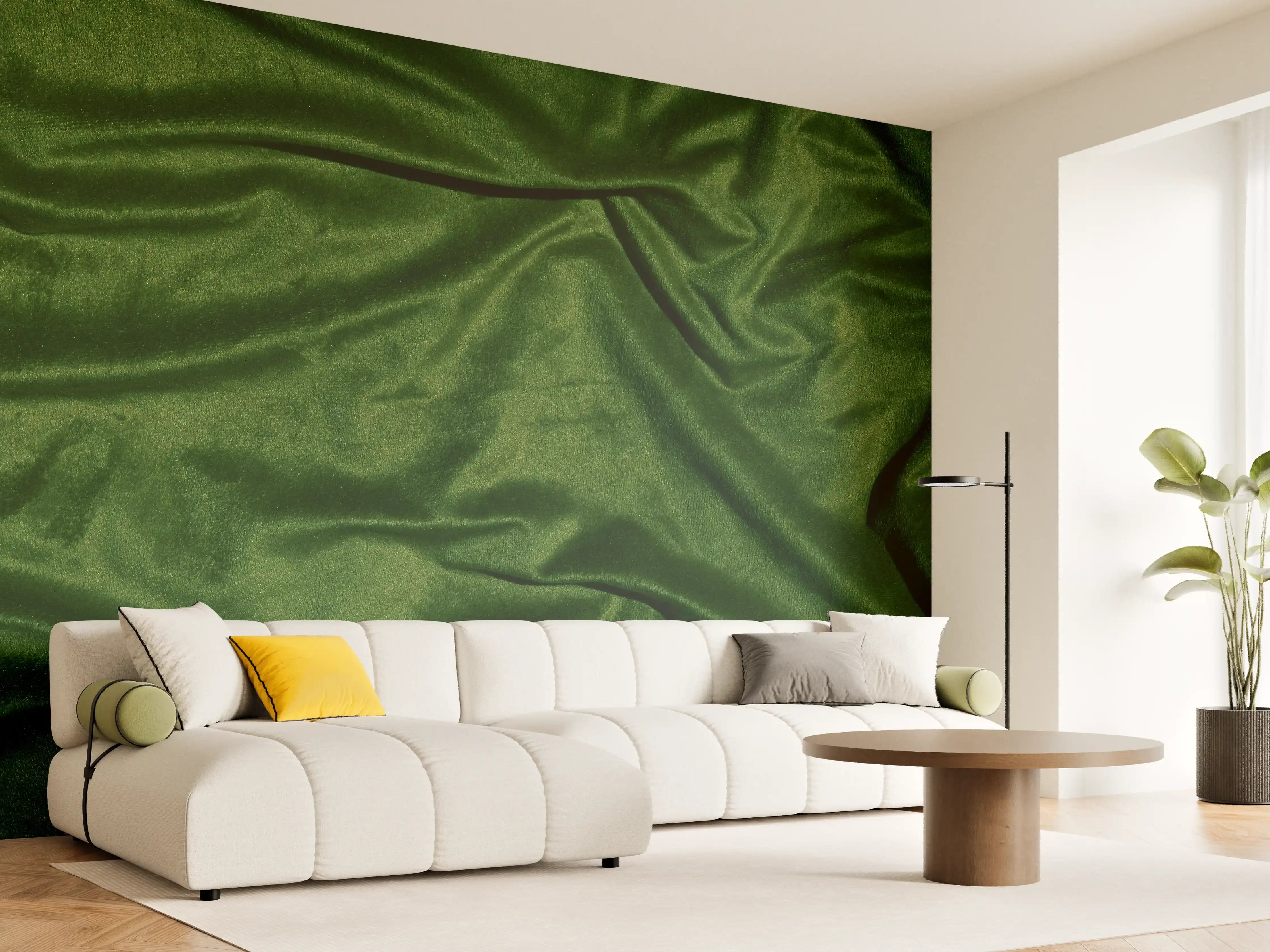 Wandverkleidung Wohnzimmer - Grüner Seidenstoff Hintergrund