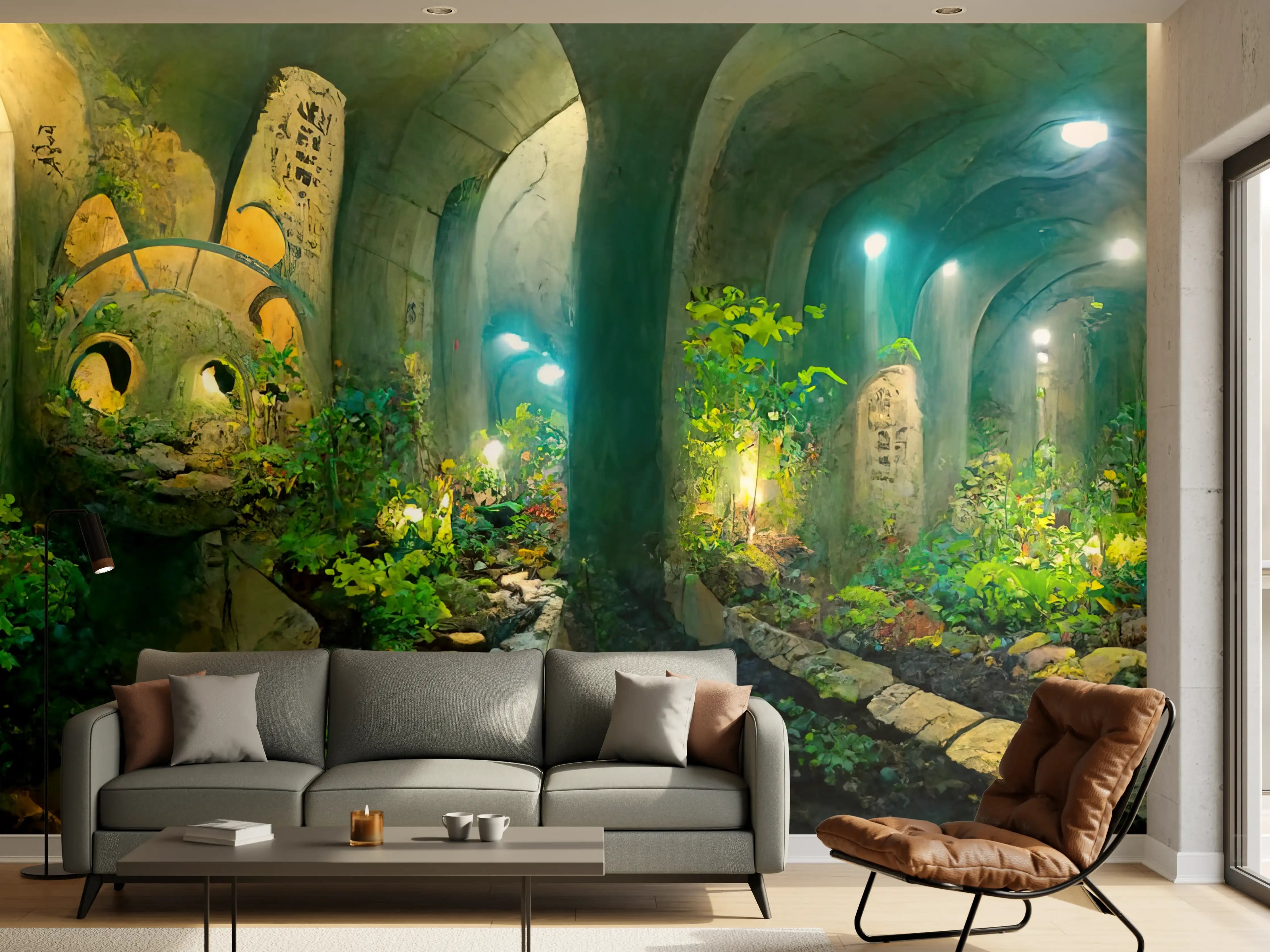 Wandverkleidung Wohnzimmer - Grüner Wald im Tunnel
