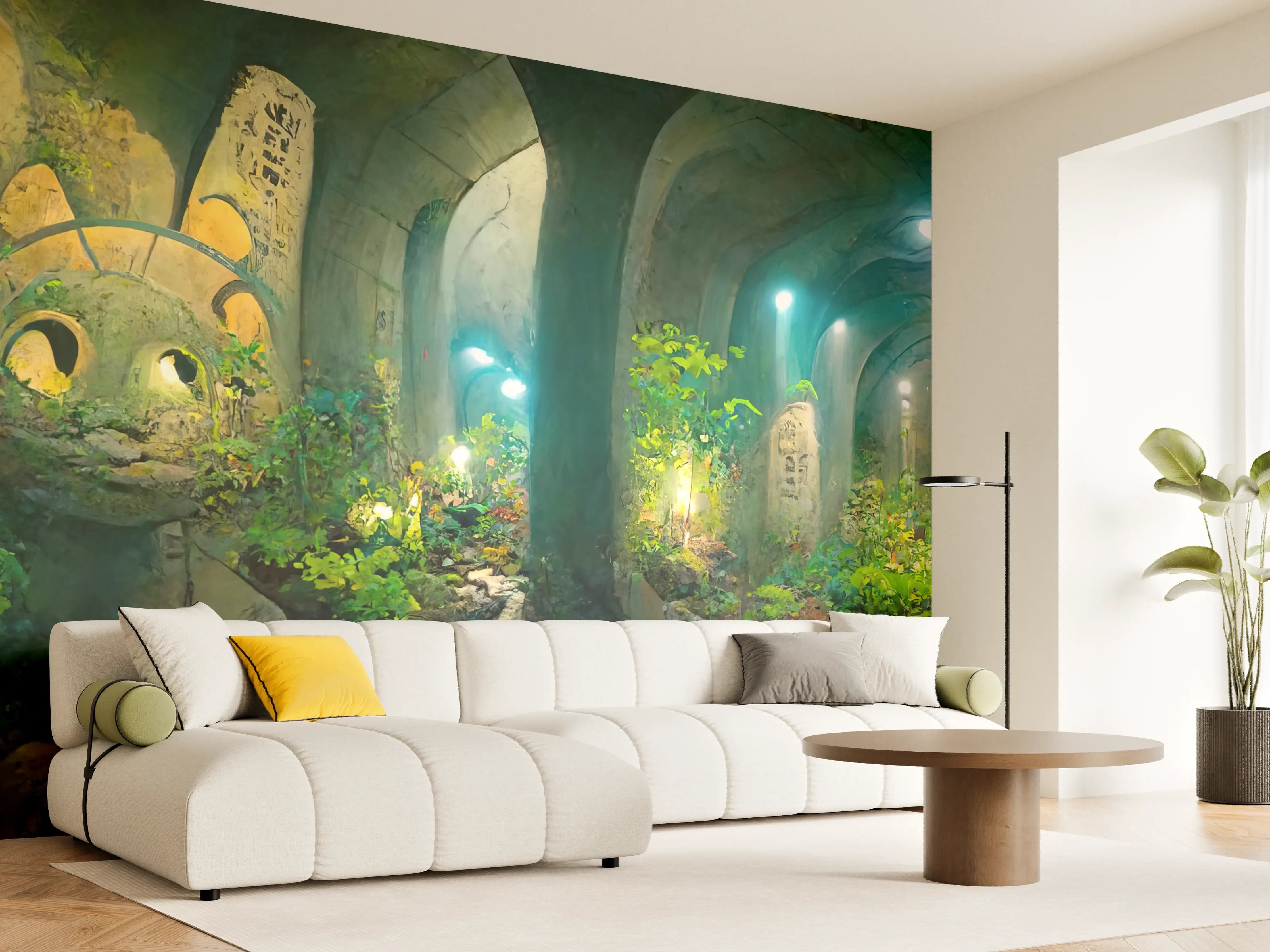 Wandverkleidung Wohnzimmer - Grüner Wald im Tunnel