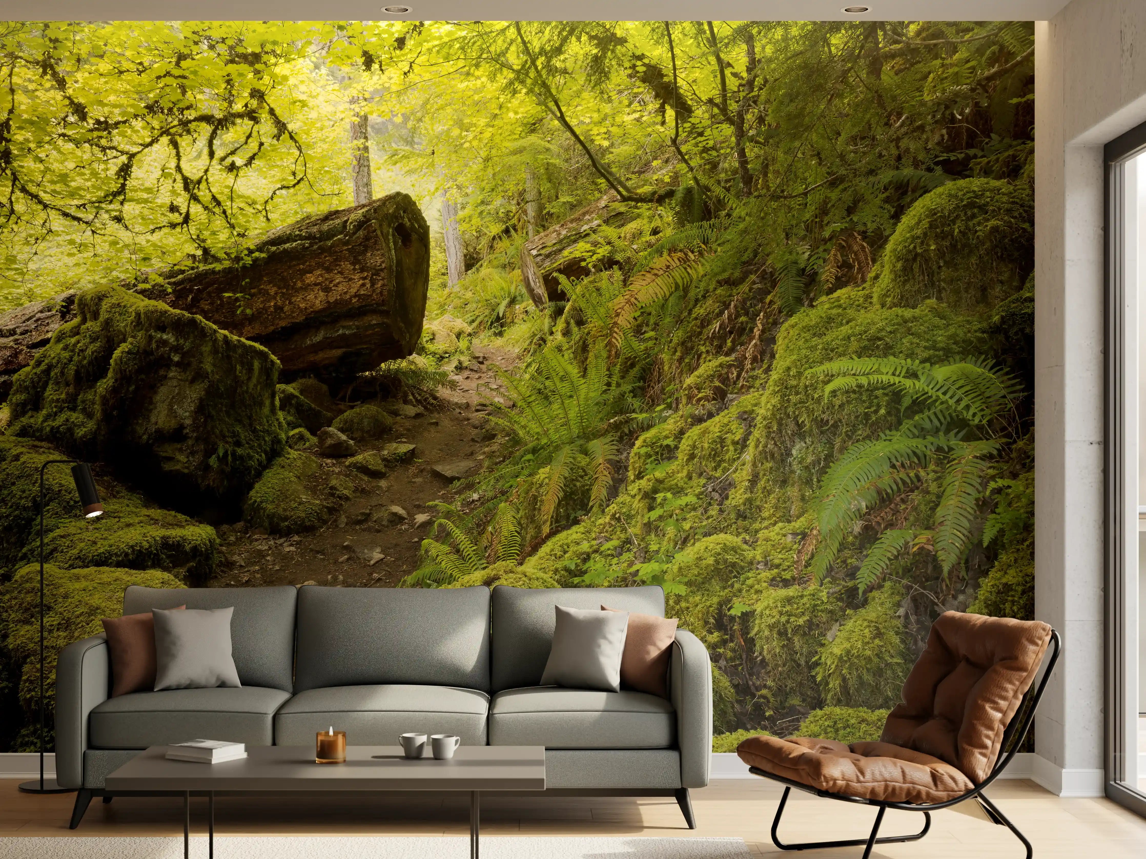 Wandverkleidung Wohnzimmer - Grüner Waldpfad mit Moos und Felsen