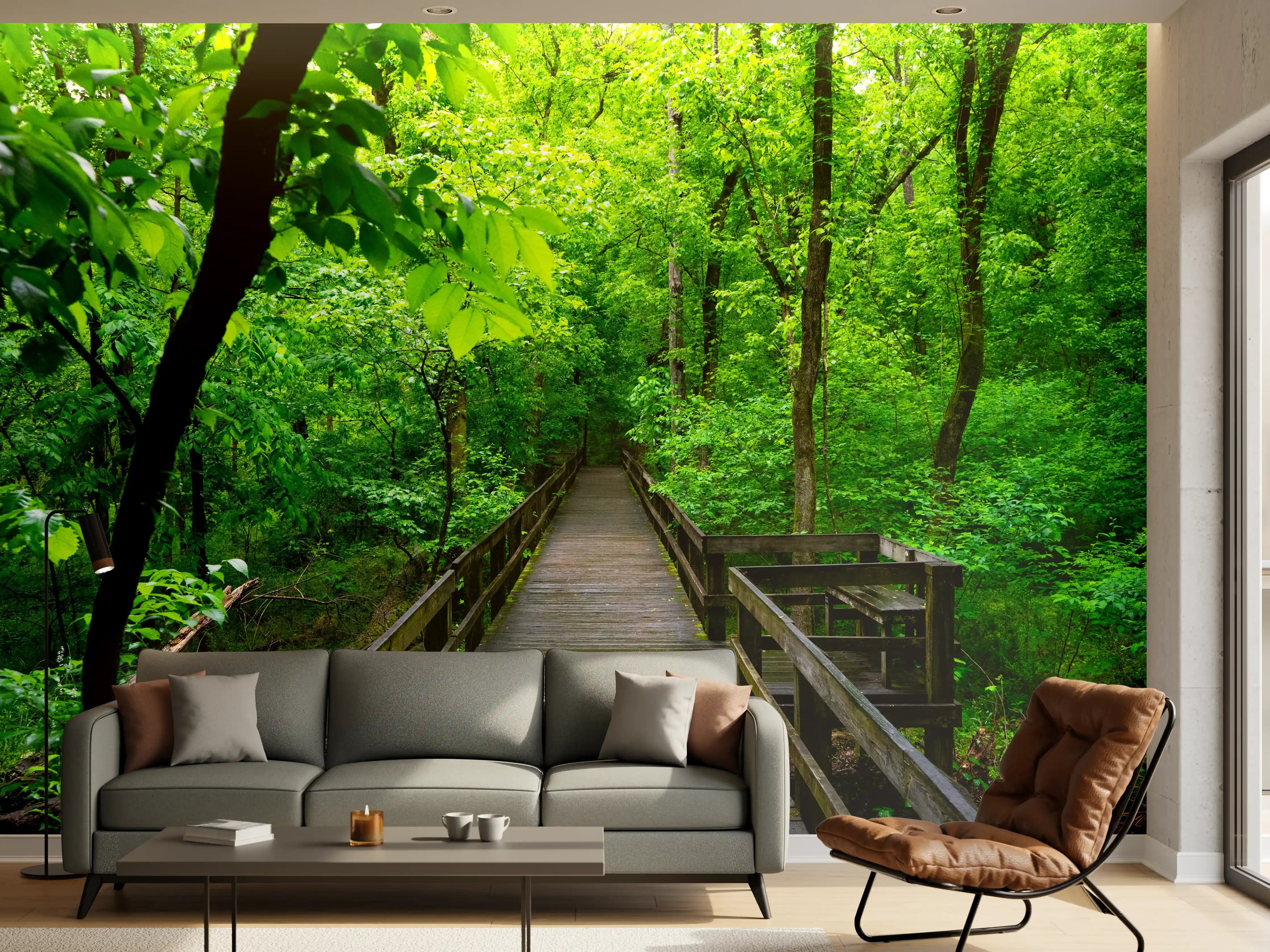 Wandverkleidung Wohnzimmer - Grüner Waldweg im Frühling
