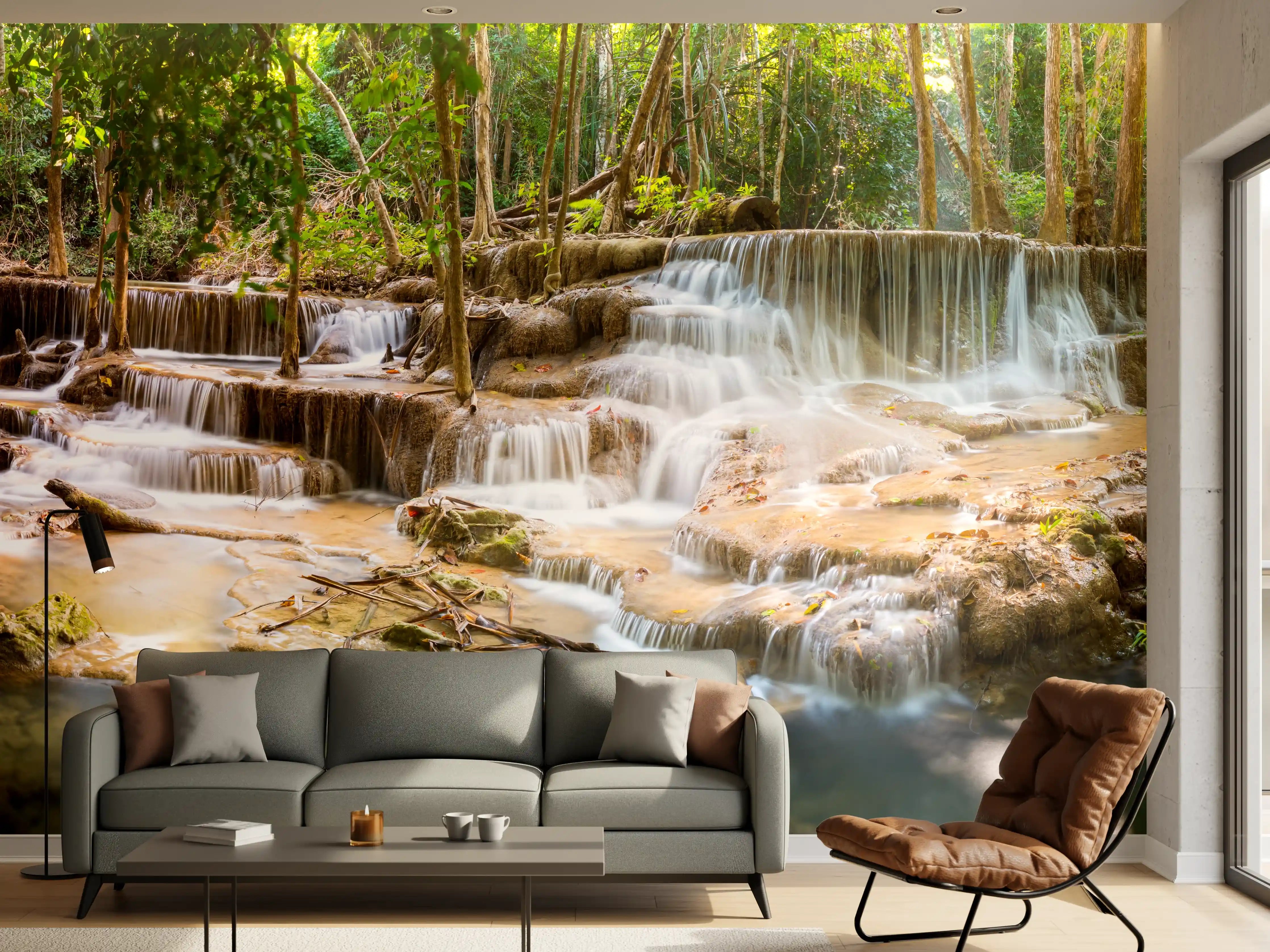 Wandverkleidung Wohnzimmer - Grüner Wasserfall im Wald