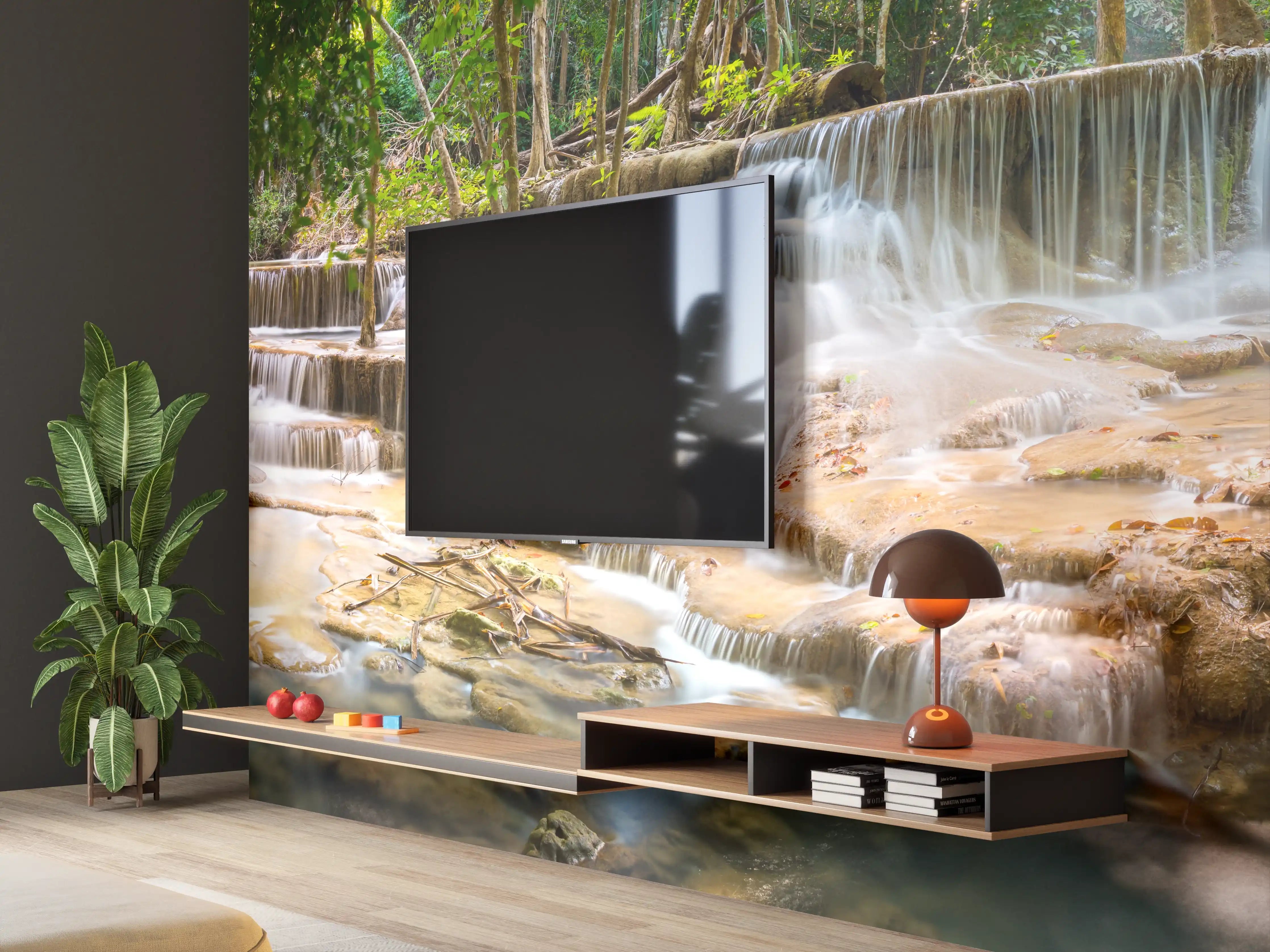 Wandverkleidung Wohnzimmer - Grüner Wasserfall im Wald