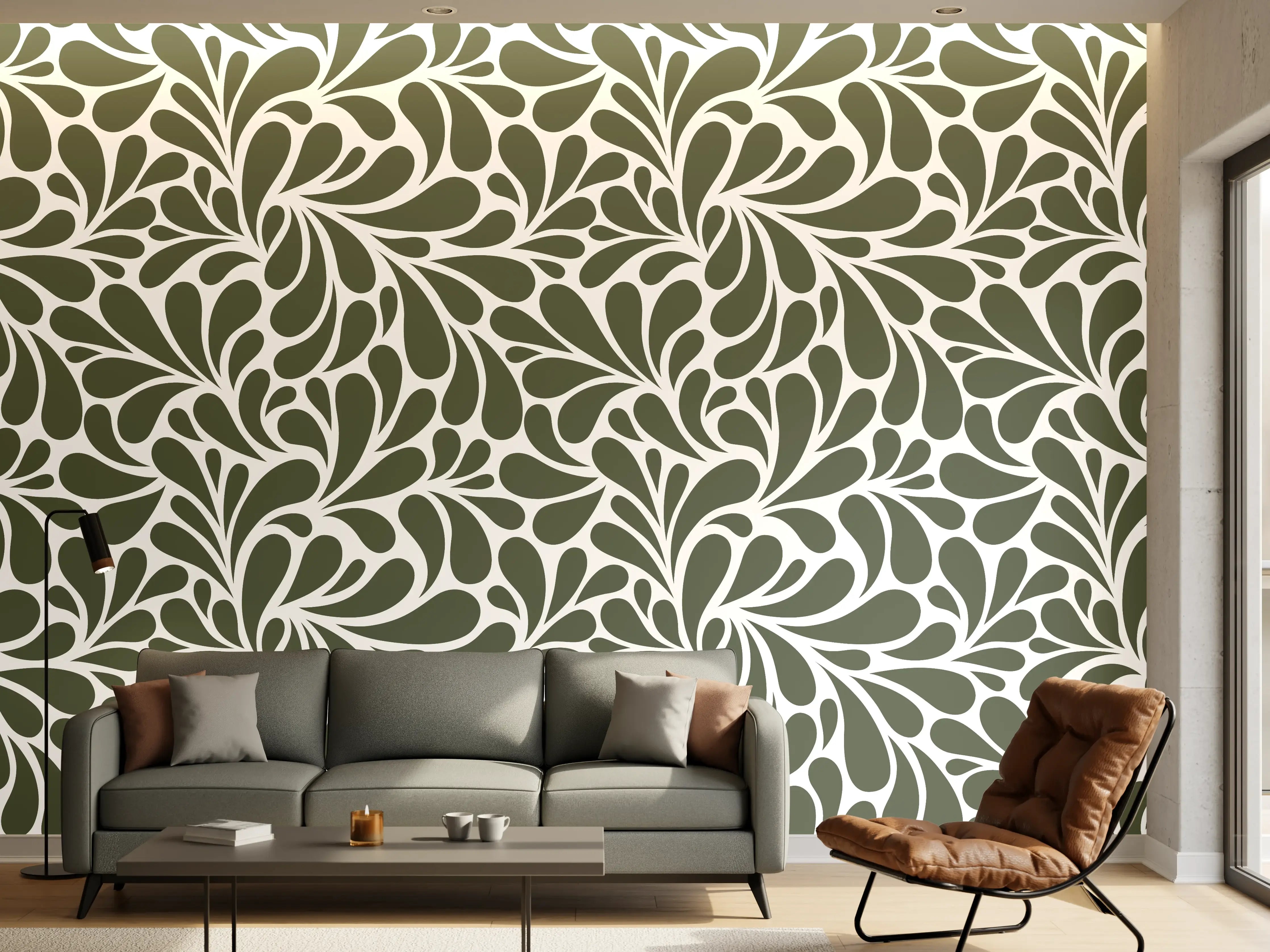 Wandverkleidung Wohnzimmer - Grünes Blättermuster mit eleganten Verzierungen
