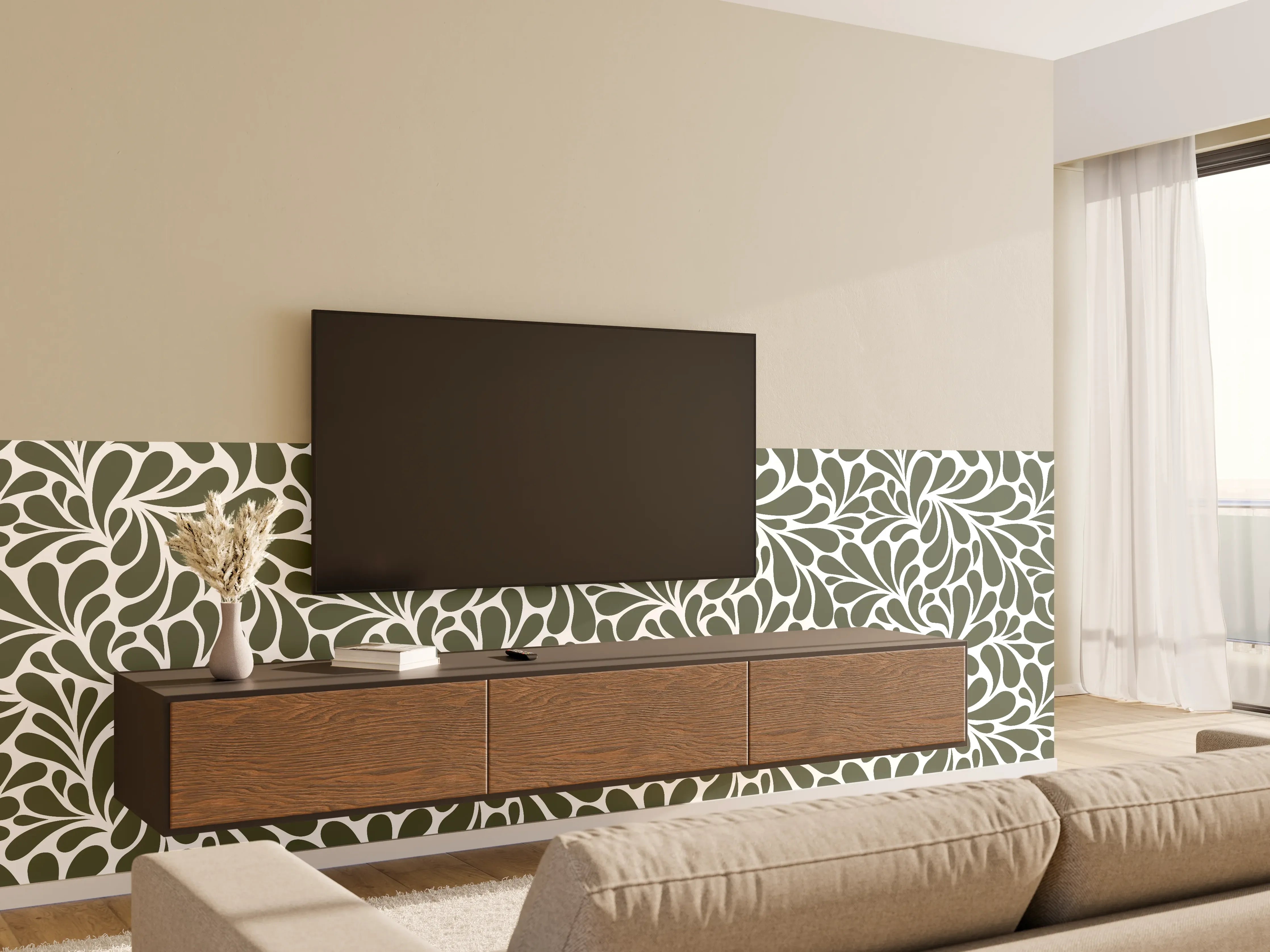 Wandverkleidung Wohnzimmer - Grünes Blättermuster mit eleganten Verzierungen