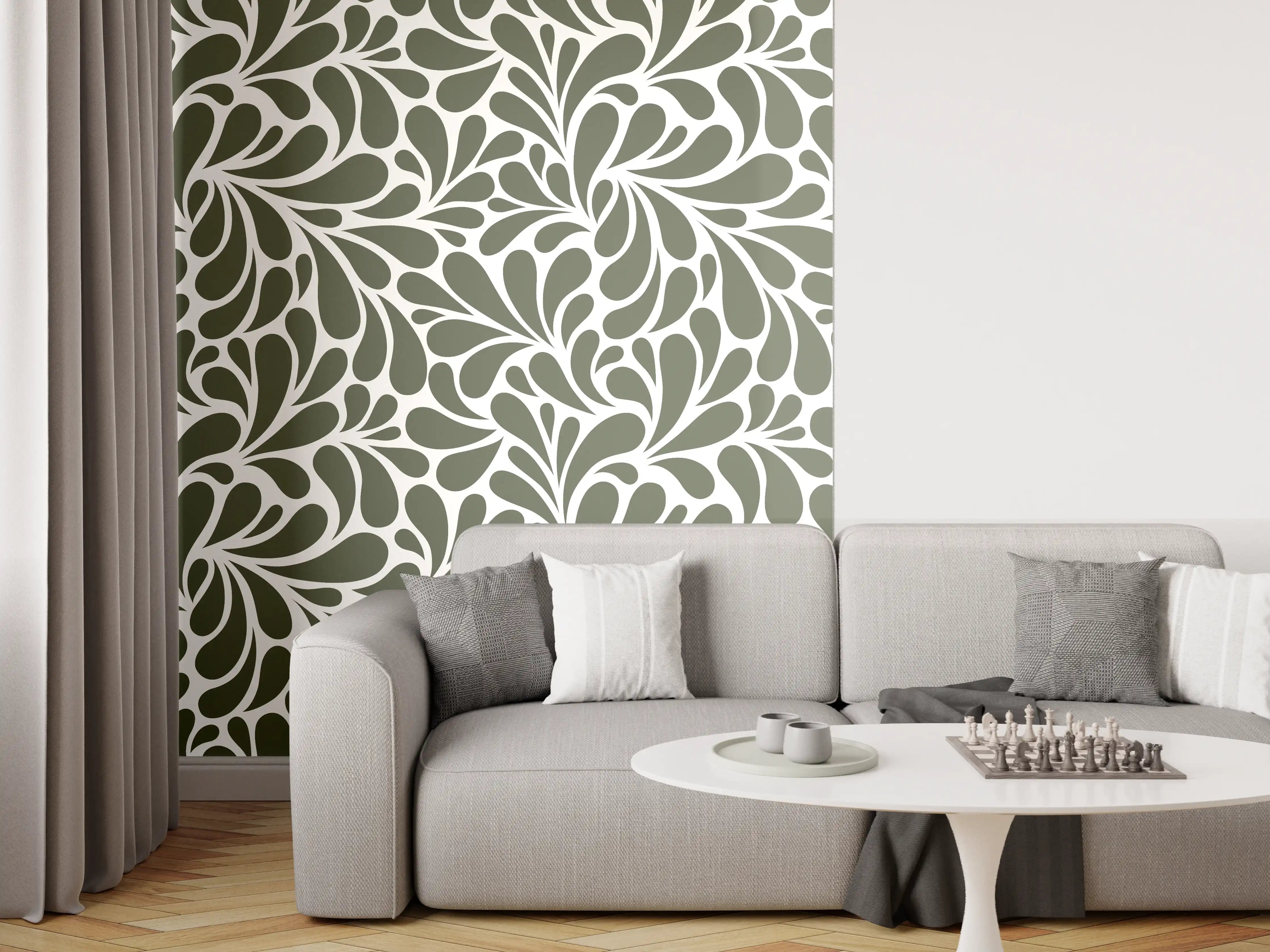 Wandverkleidung Wohnzimmer - Grünes Blättermuster mit eleganten Verzierungen