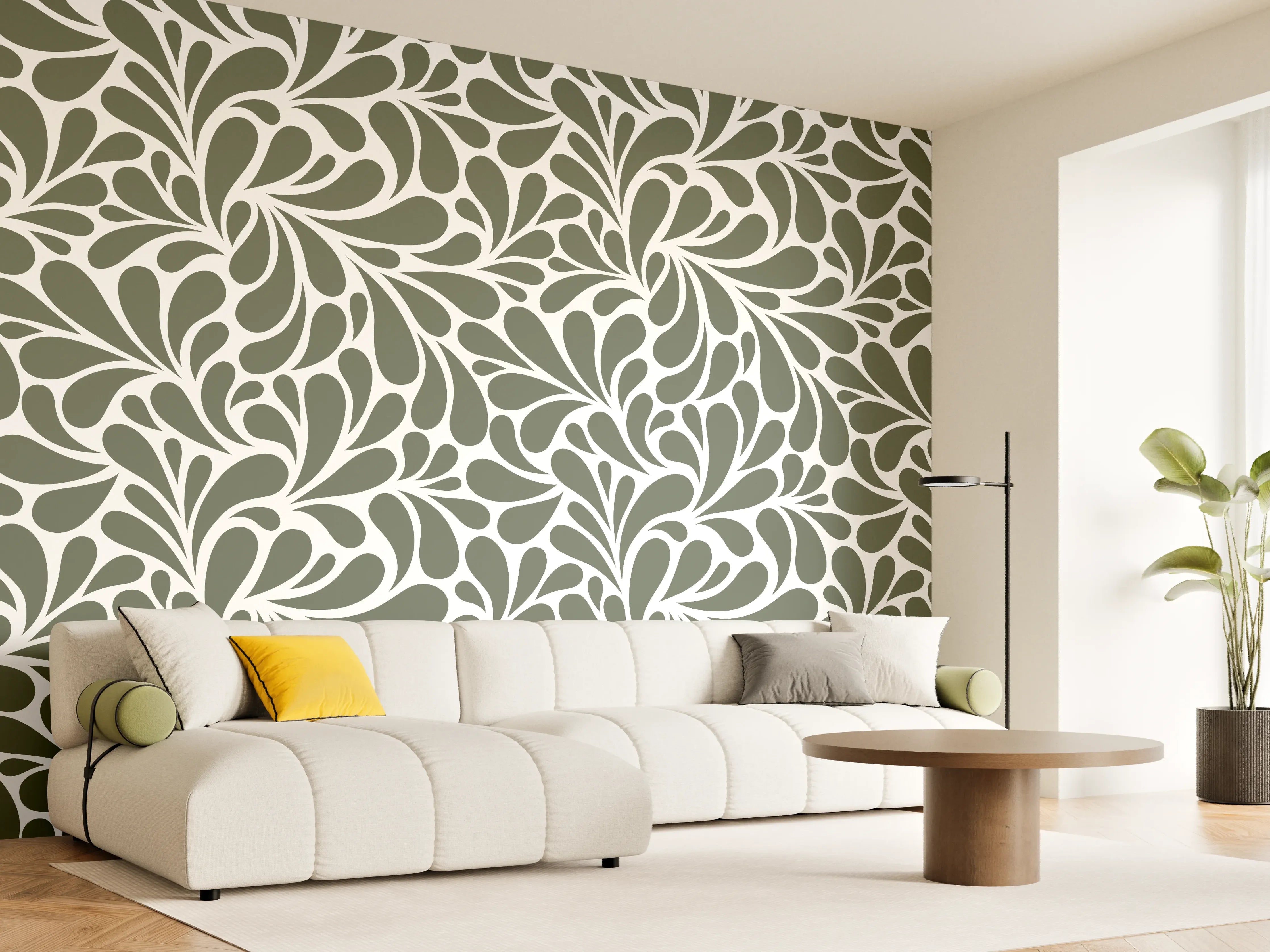 Wandverkleidung Wohnzimmer - Grünes Blättermuster mit eleganten Verzierungen