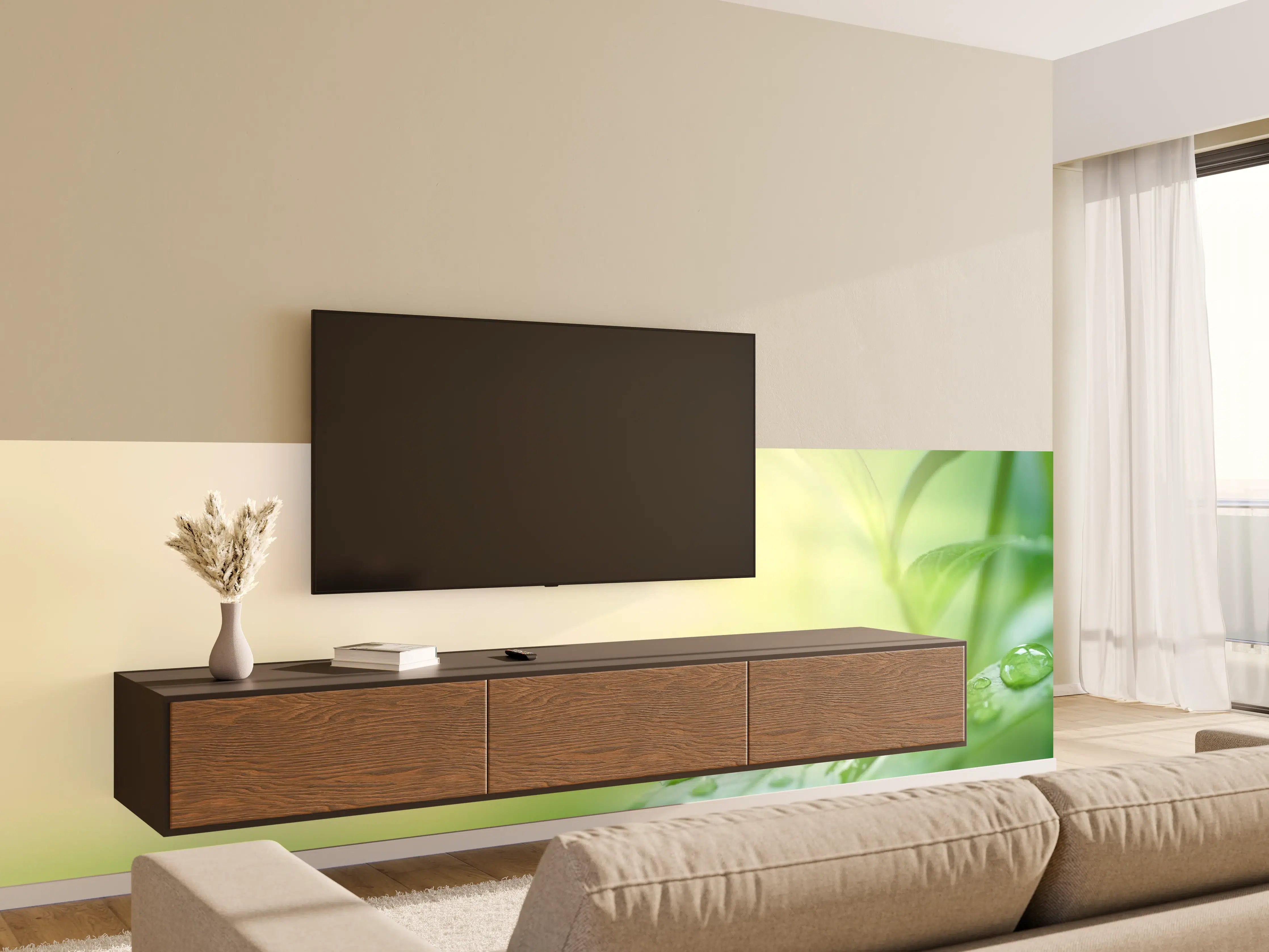 Wandverkleidung Wohnzimmer - Grünes Blatt Regentropfen Sommer