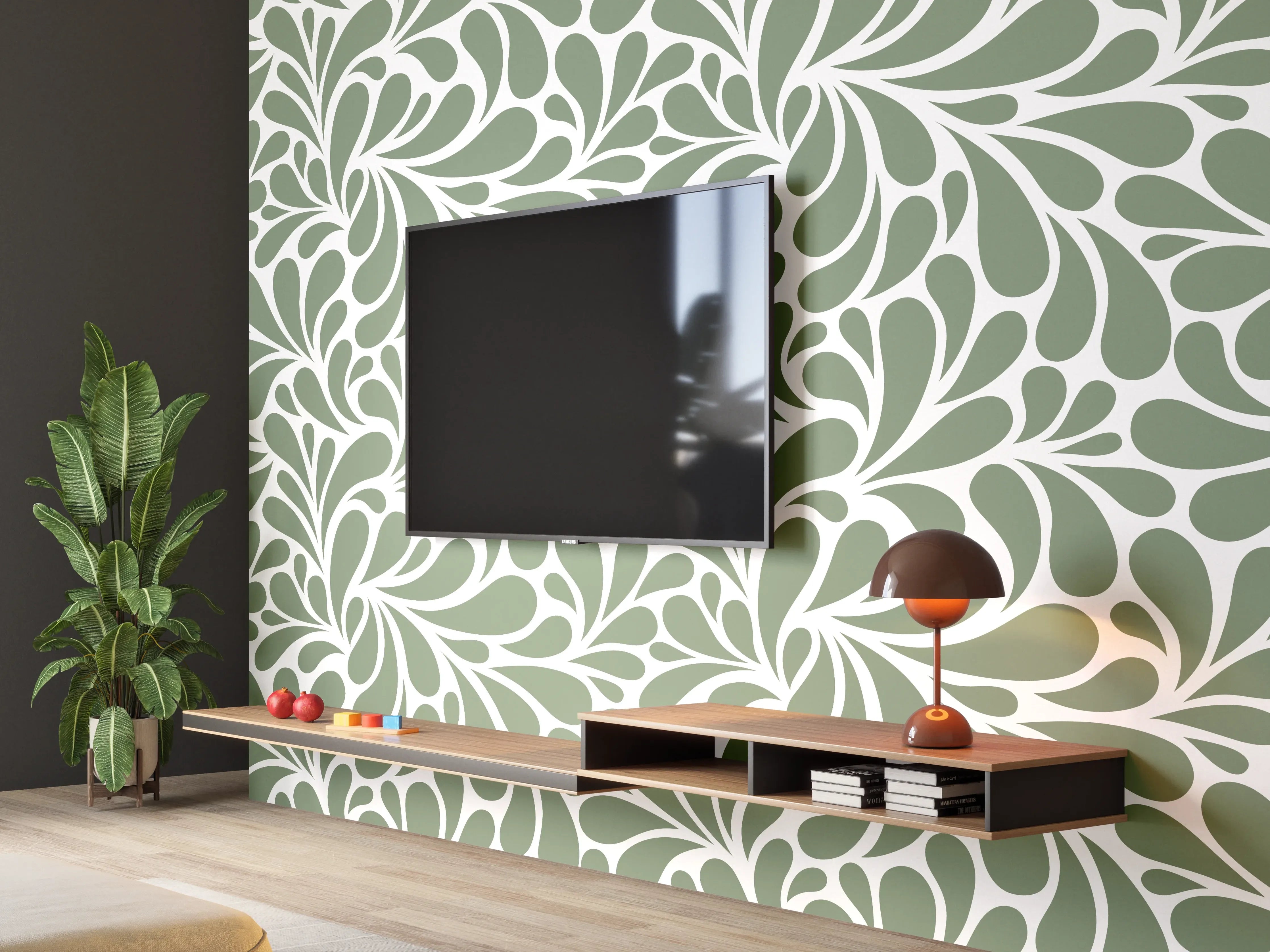 Wandverkleidung Wohnzimmer - Grünes Blattmuster – Stilvolle Wanddekoration