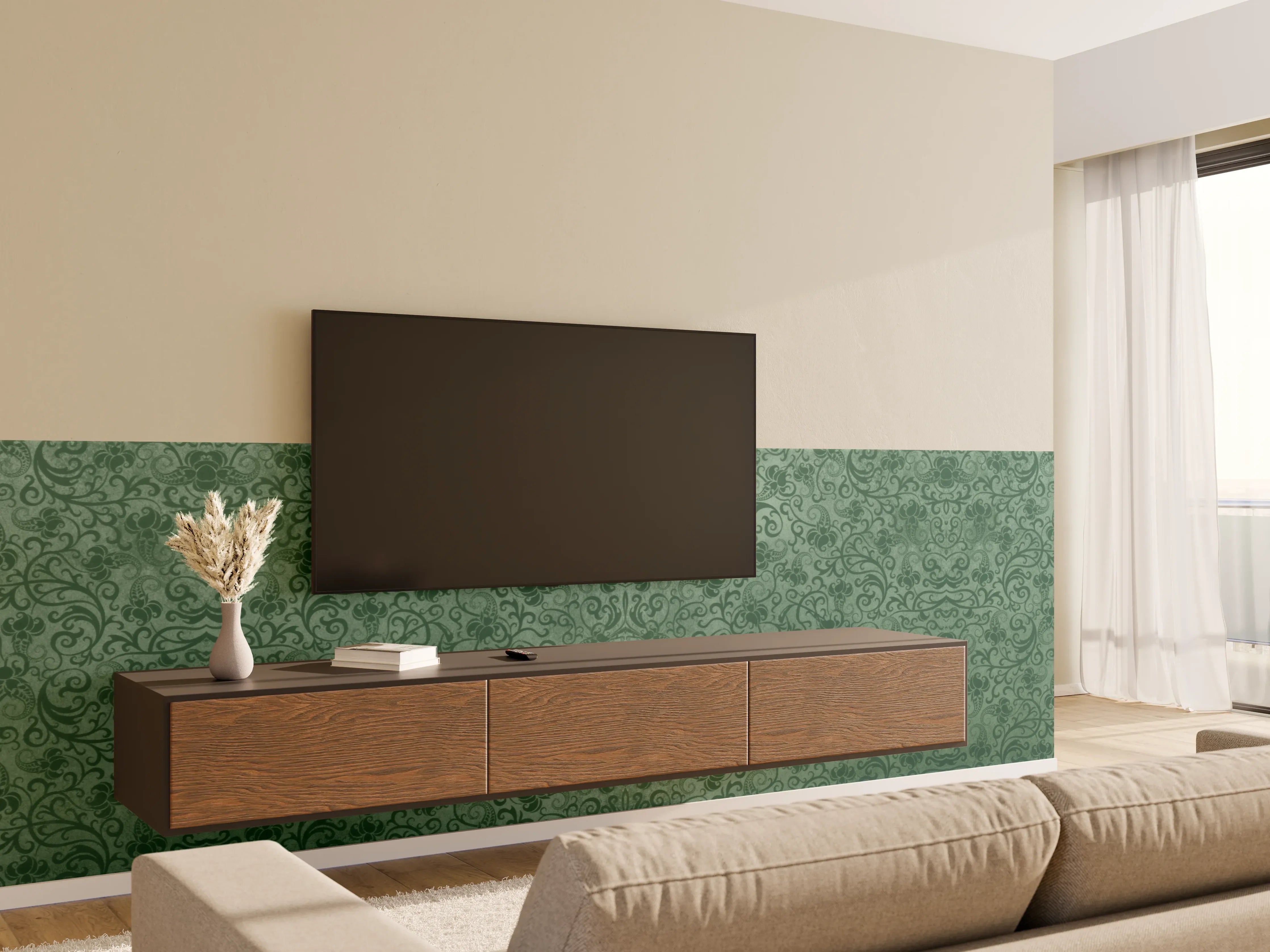 Wandverkleidung Wohnzimmer - Grünes Damast Muster