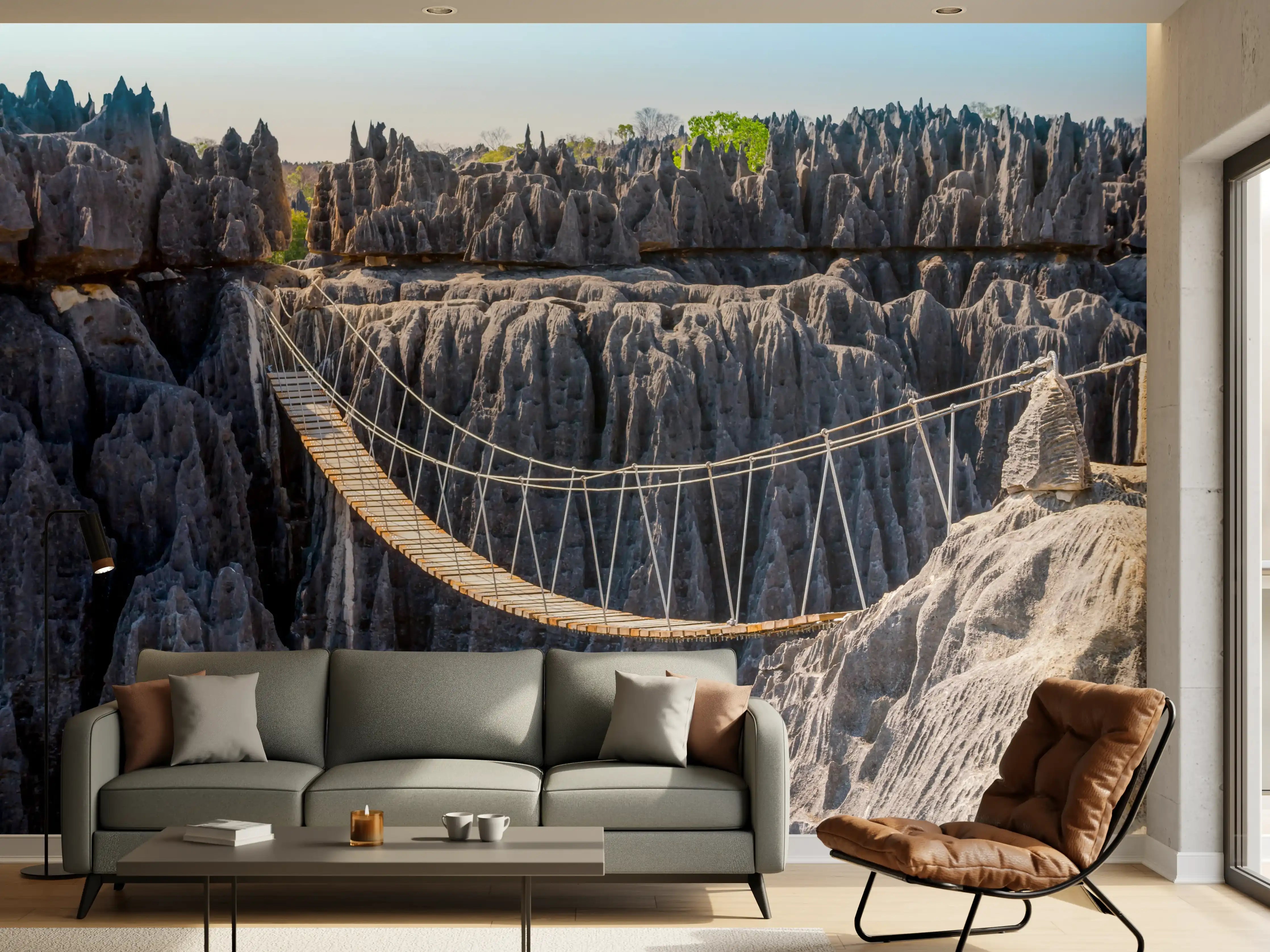 Wandverkleidung Wohnzimmer - Hängebrücke zwischen beeindruckenden Felsformationen