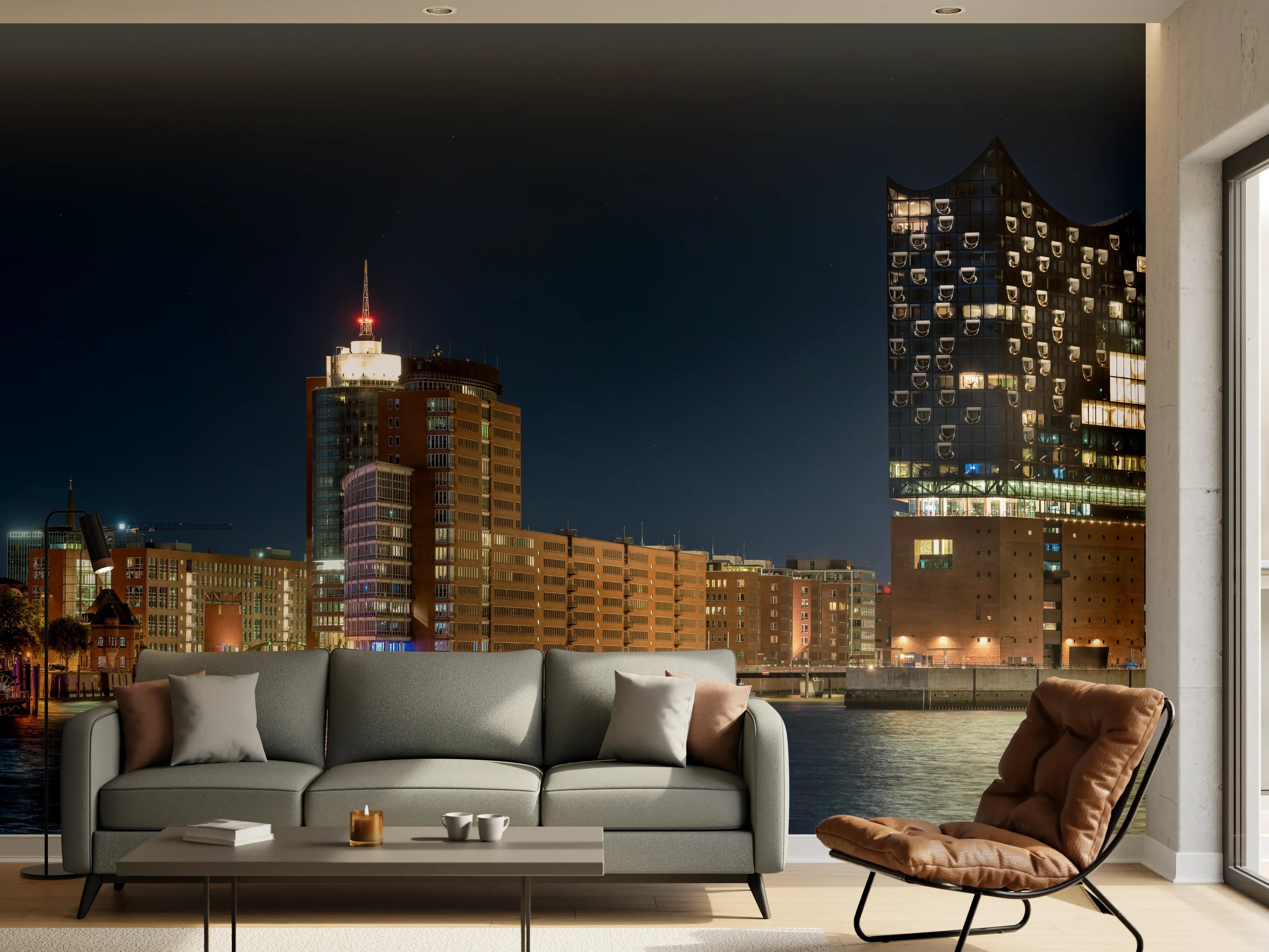 Wandverkleidung Wohnzimmer - Hamburg bei Nacht