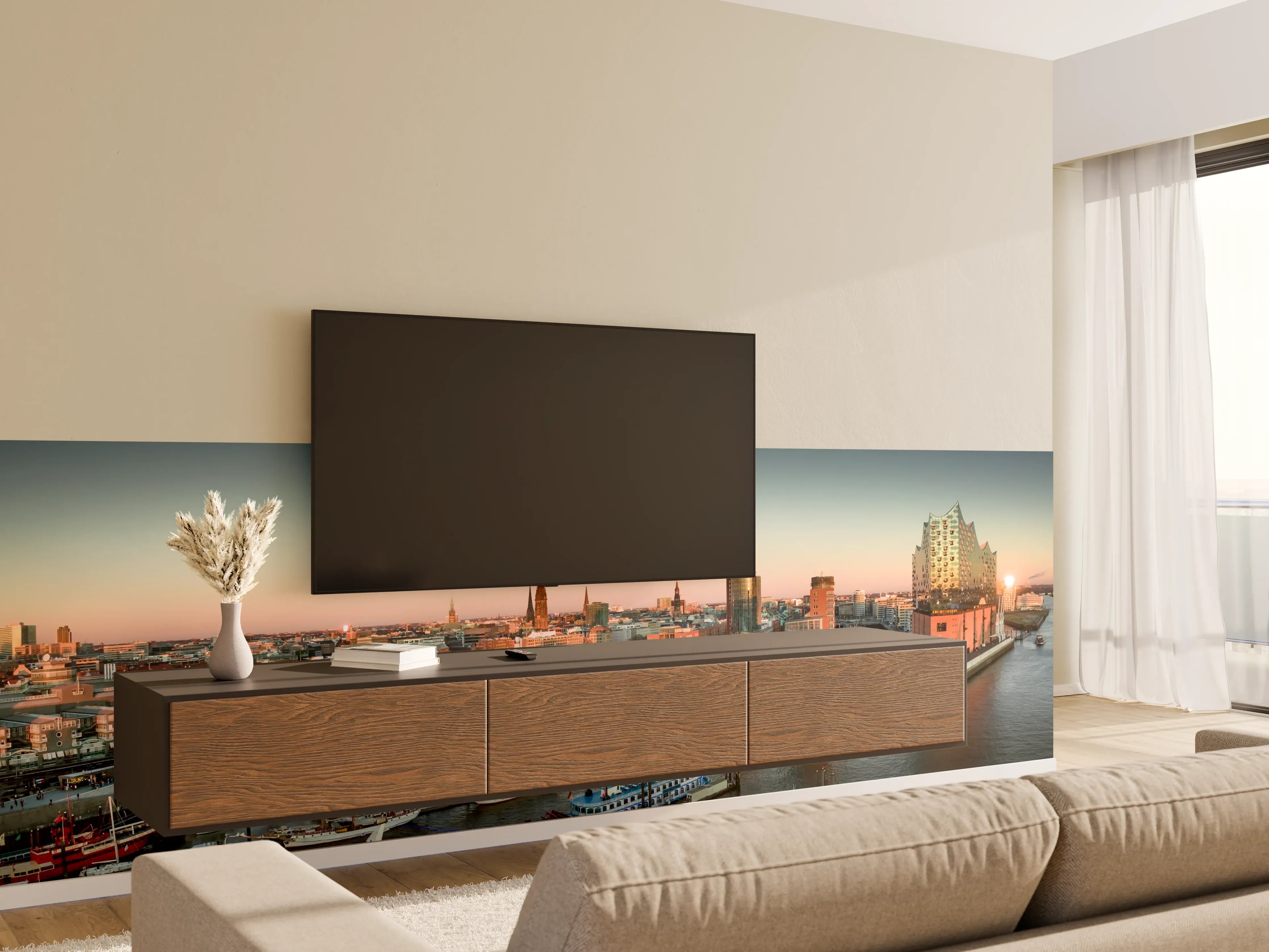 Wandverkleidung Wohnzimmer - Hamburger Hafen mit moderner Skyline bei Sonnenuntergang