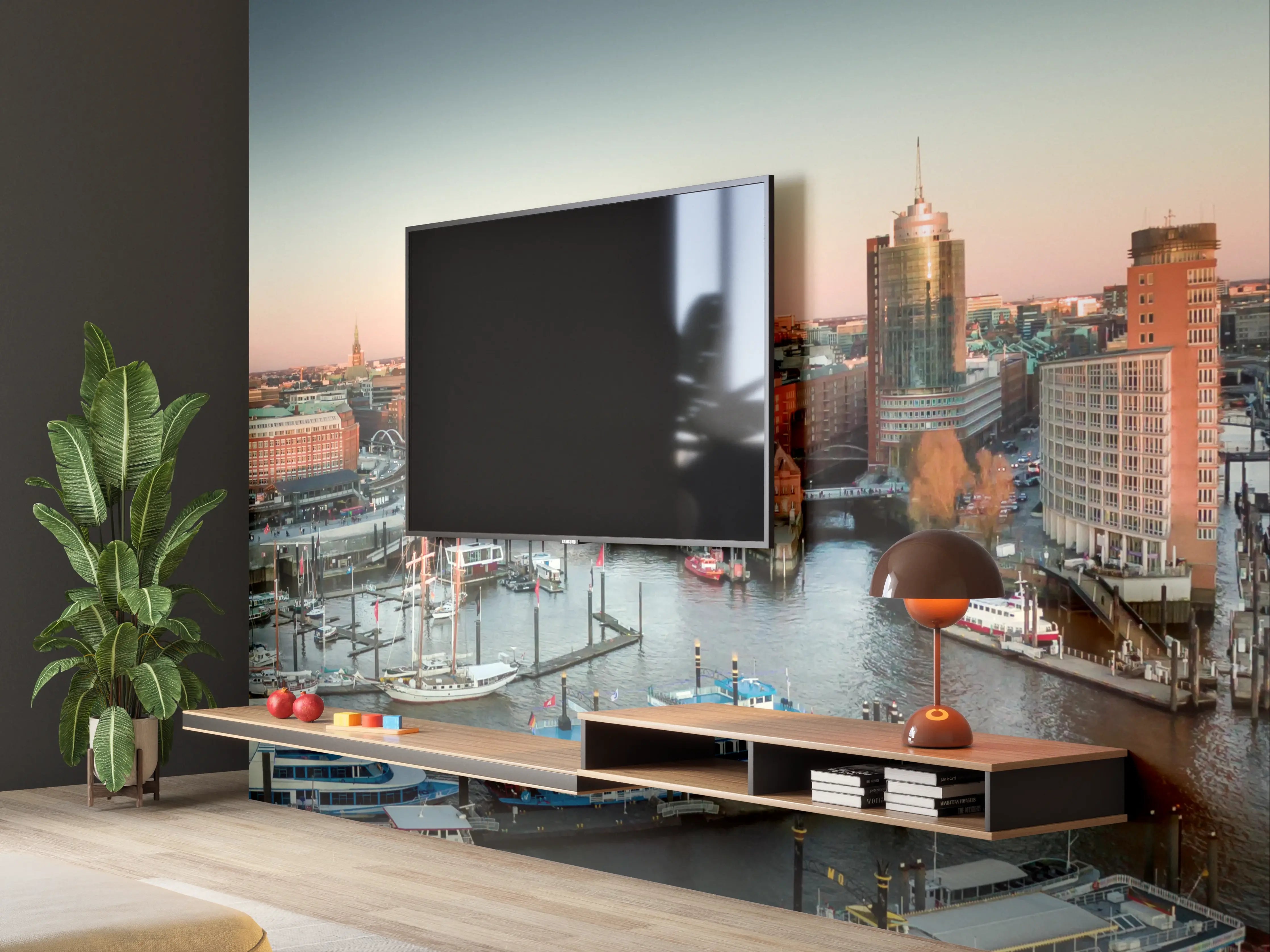Wandverkleidung Wohnzimmer - Hamburger Hafen mit moderner Skyline bei Sonnenuntergang