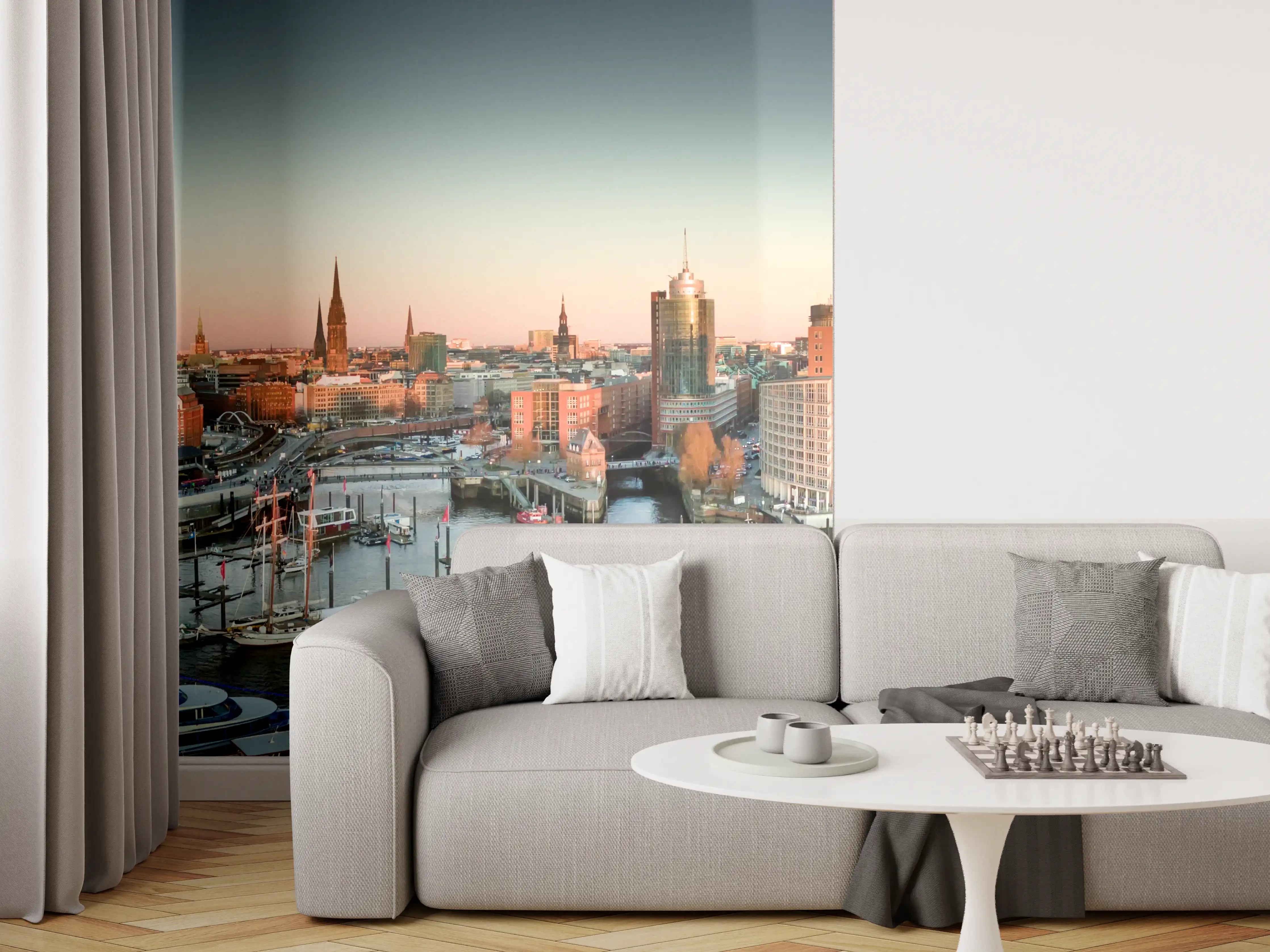 Wandverkleidung Wohnzimmer - Hamburger Hafen mit moderner Skyline bei Sonnenuntergang
