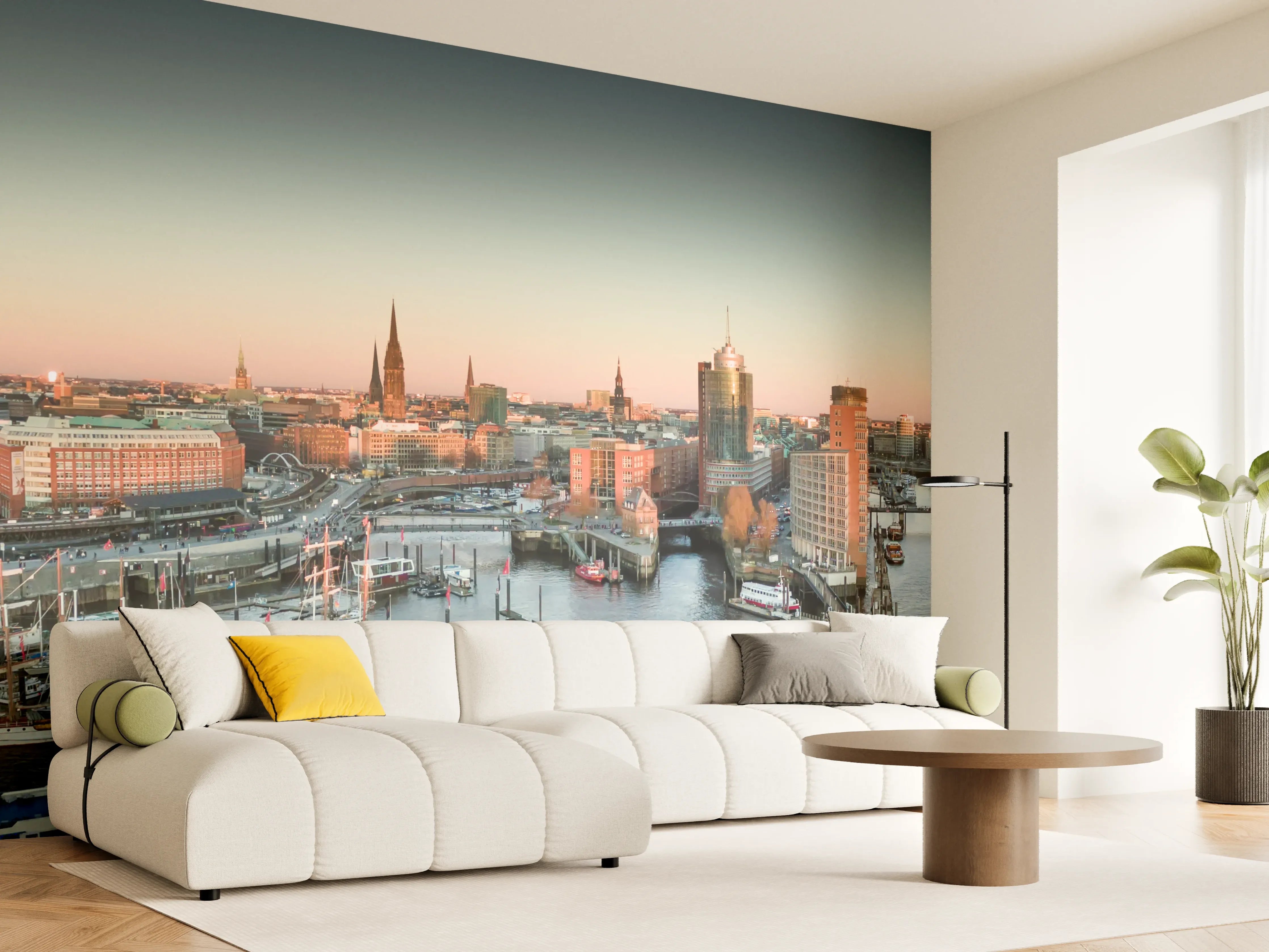 Wandverkleidung Wohnzimmer - Hamburger Hafen mit moderner Skyline bei Sonnenuntergang