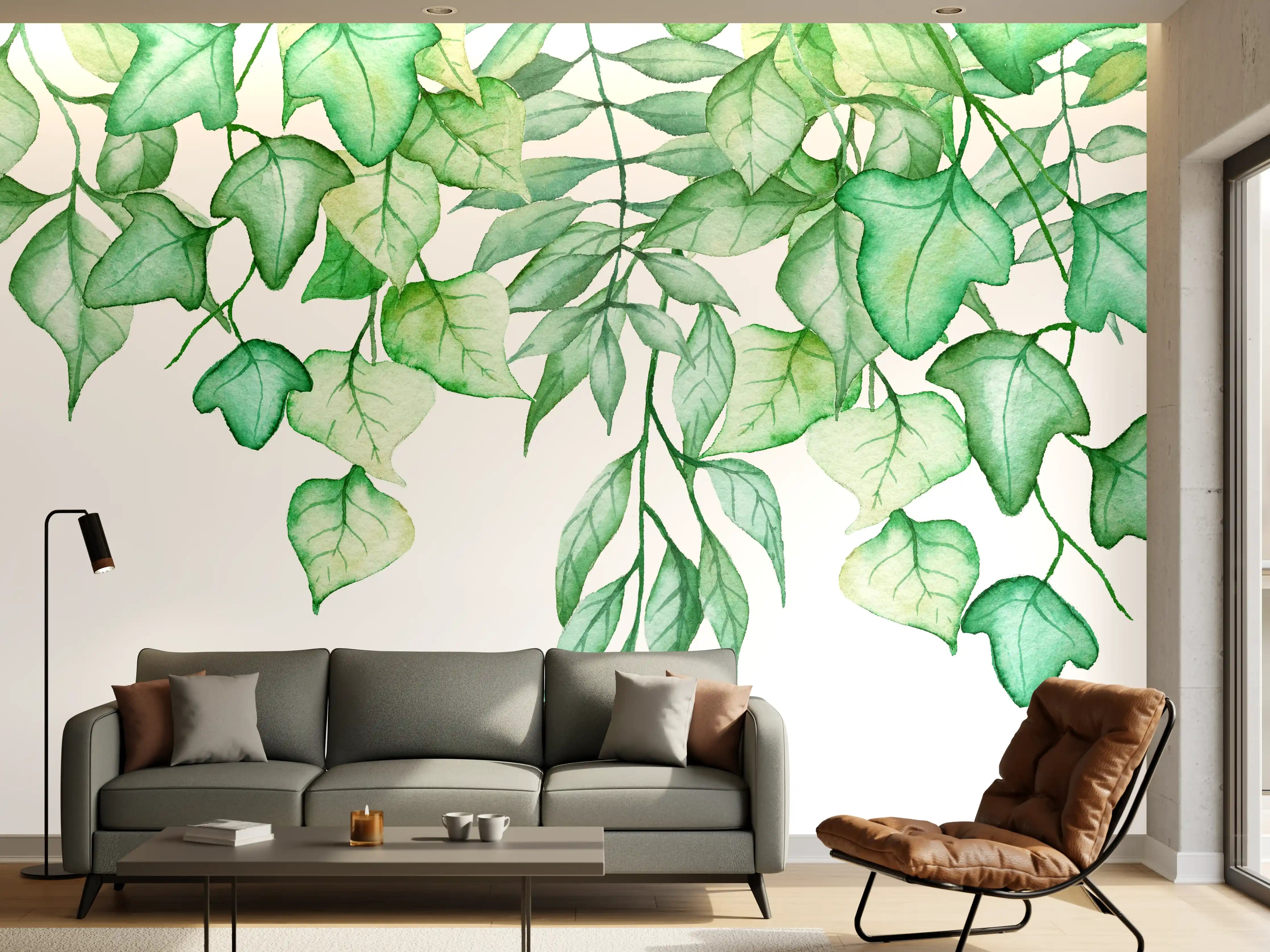 Wandverkleidung Wohnzimmer - Handgezeichneten Aquarellblättern und Efeu