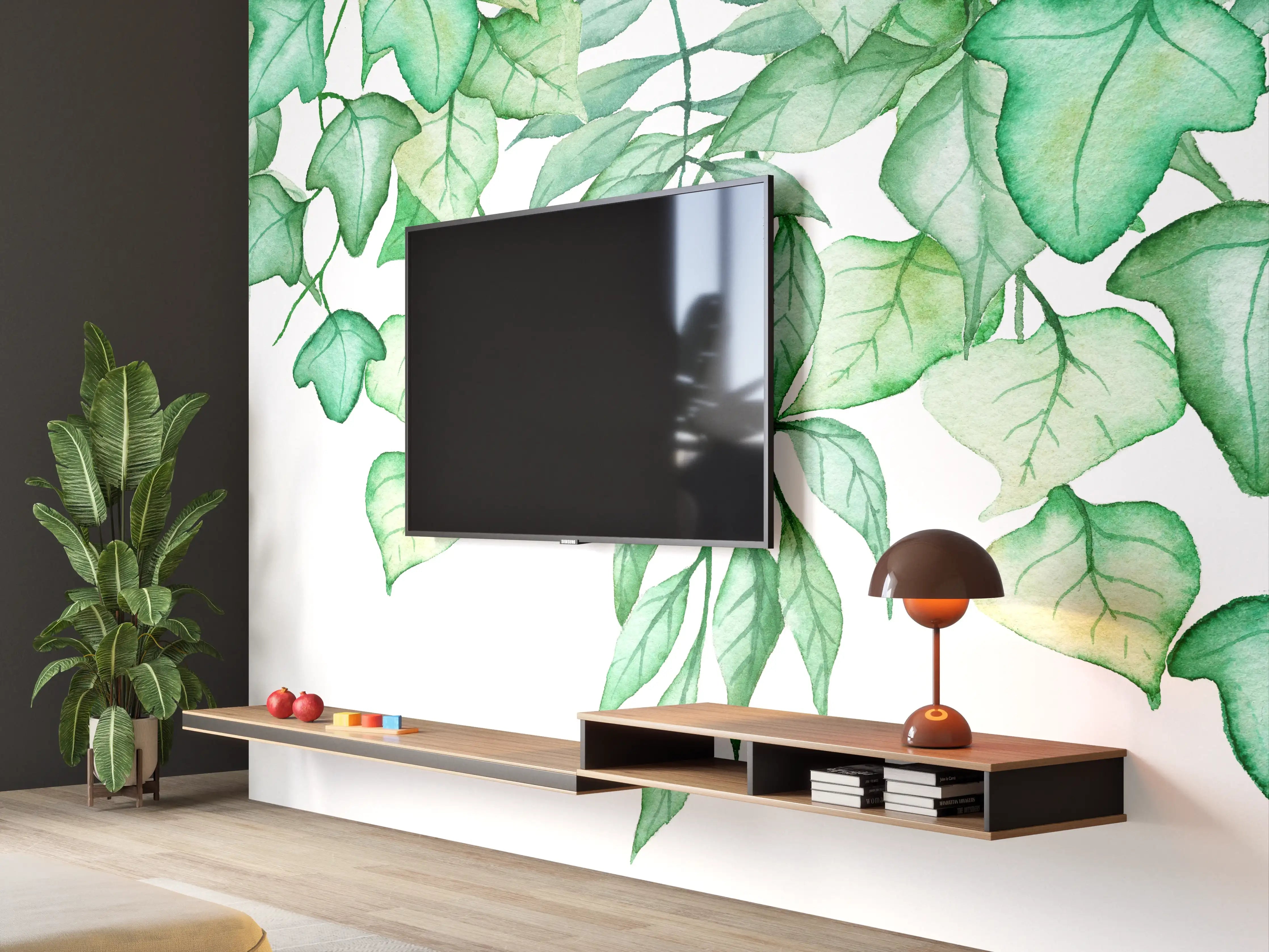 Wandverkleidung Wohnzimmer - Handgezeichneten Aquarellblättern und Efeu