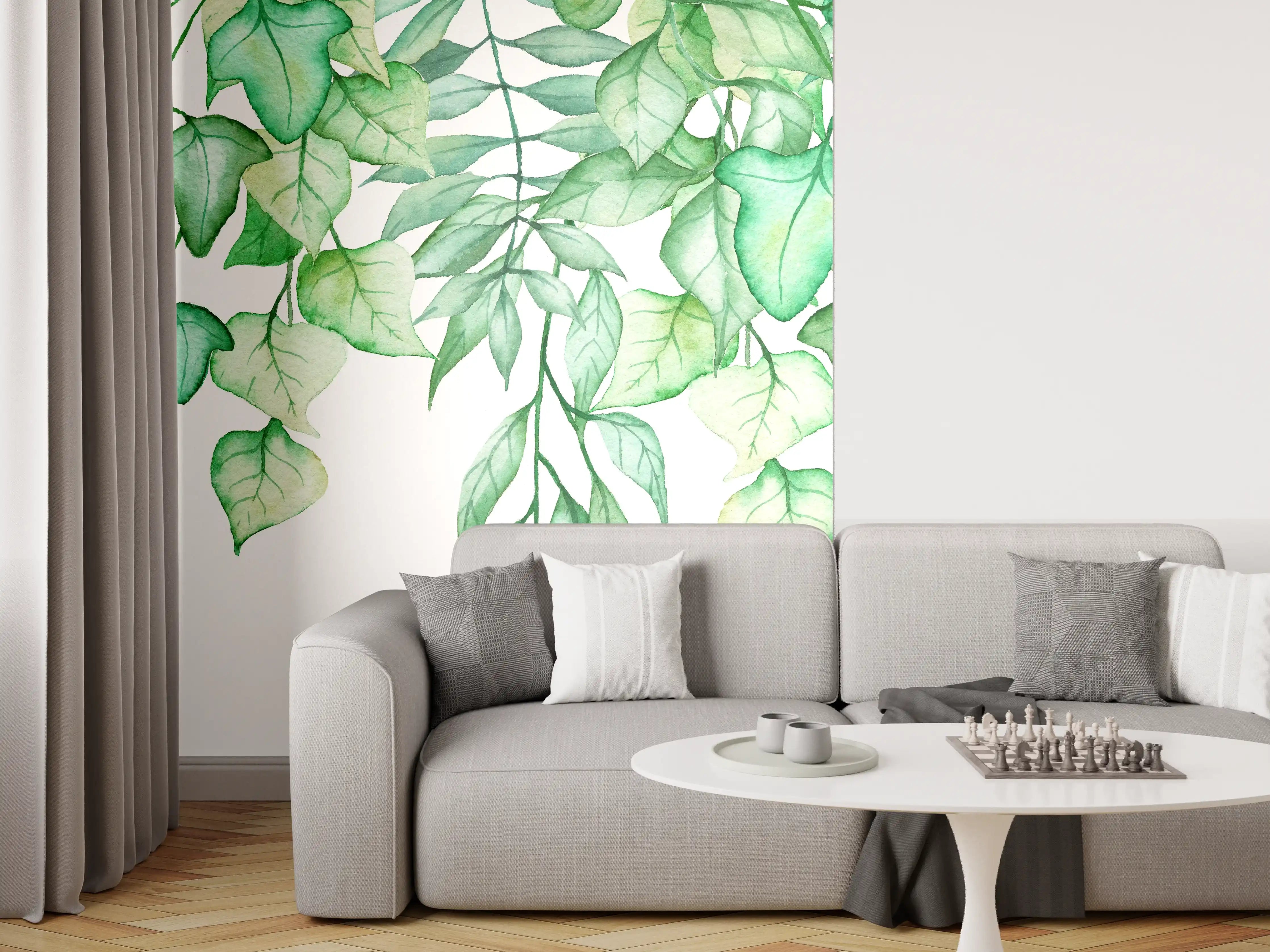 Wandverkleidung Wohnzimmer - Handgezeichneten Aquarellblättern und Efeu