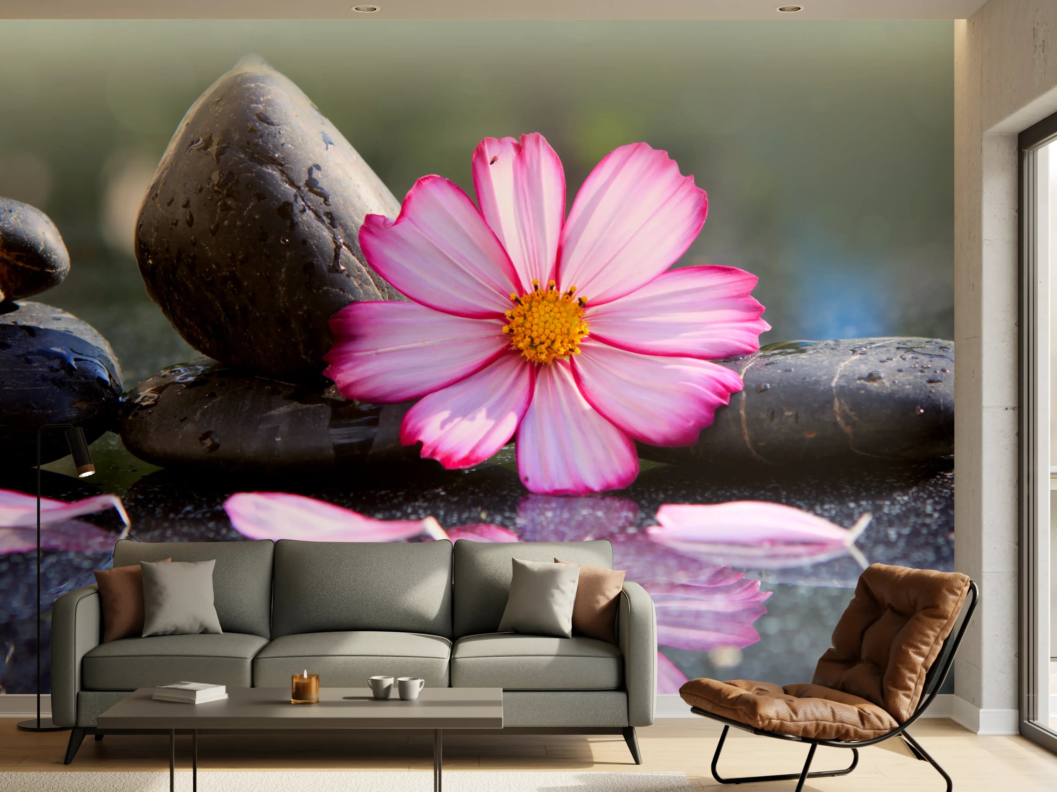Wandverkleidung Wohnzimmer - Harmonie aus Steinen und Blume