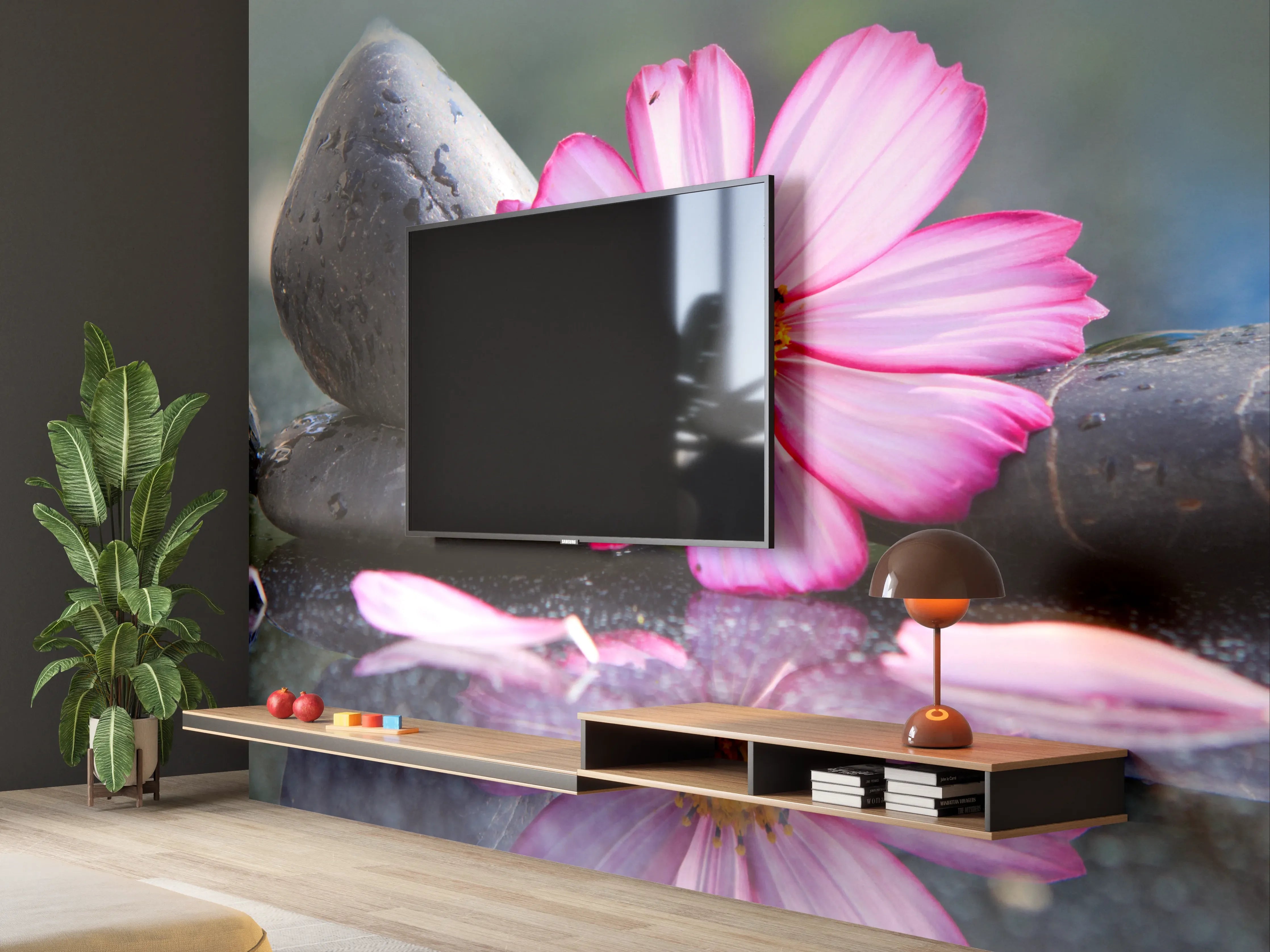 Wandverkleidung Wohnzimmer - Harmonie aus Steinen und Blume