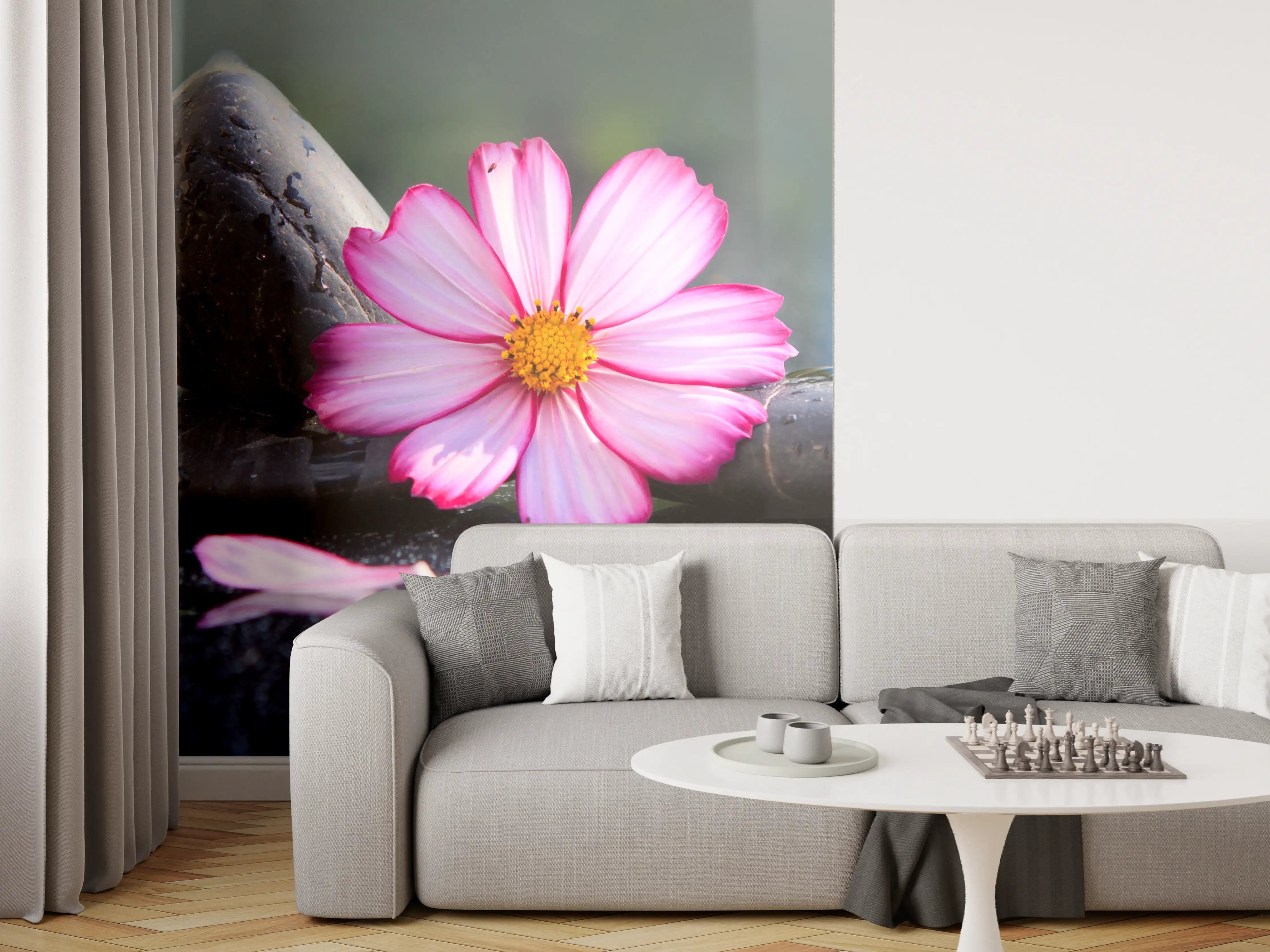 Wandverkleidung Wohnzimmer - Harmonie aus Steinen und Blume