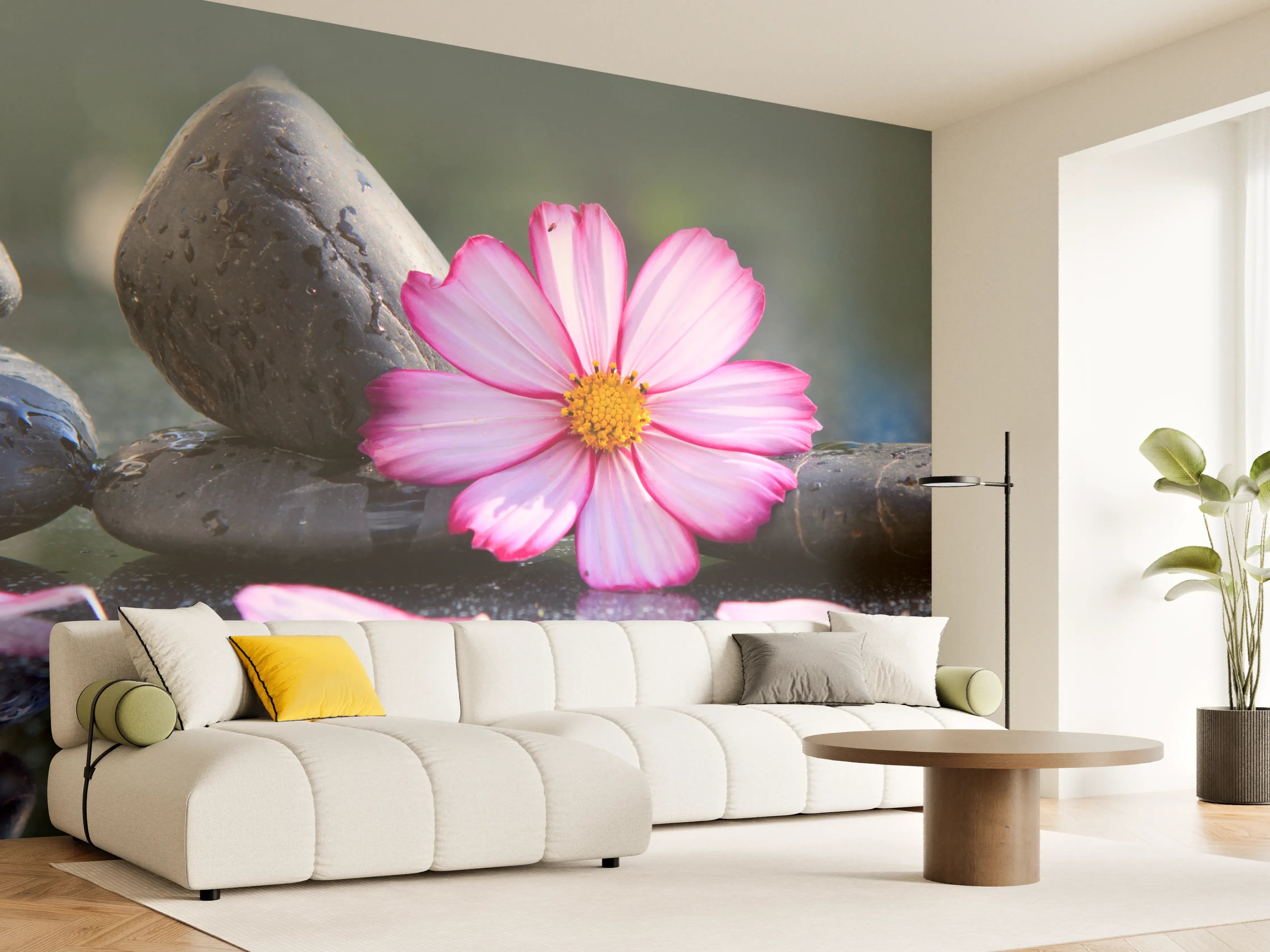Wandverkleidung Wohnzimmer - Harmonie aus Steinen und Blume