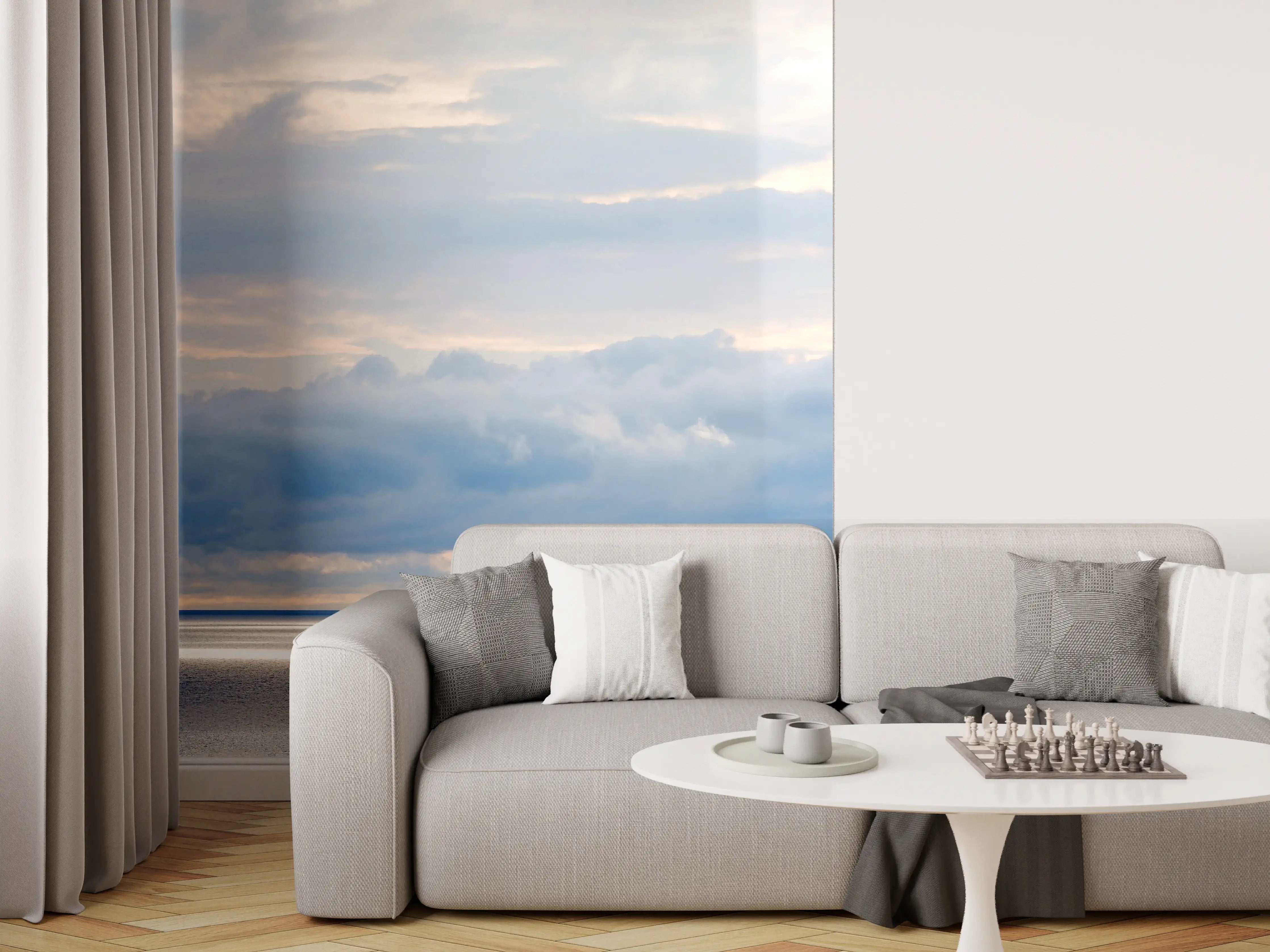 Wandverkleidung Wohnzimmer - Harmonisches Blau-Grau-Meerespanorama