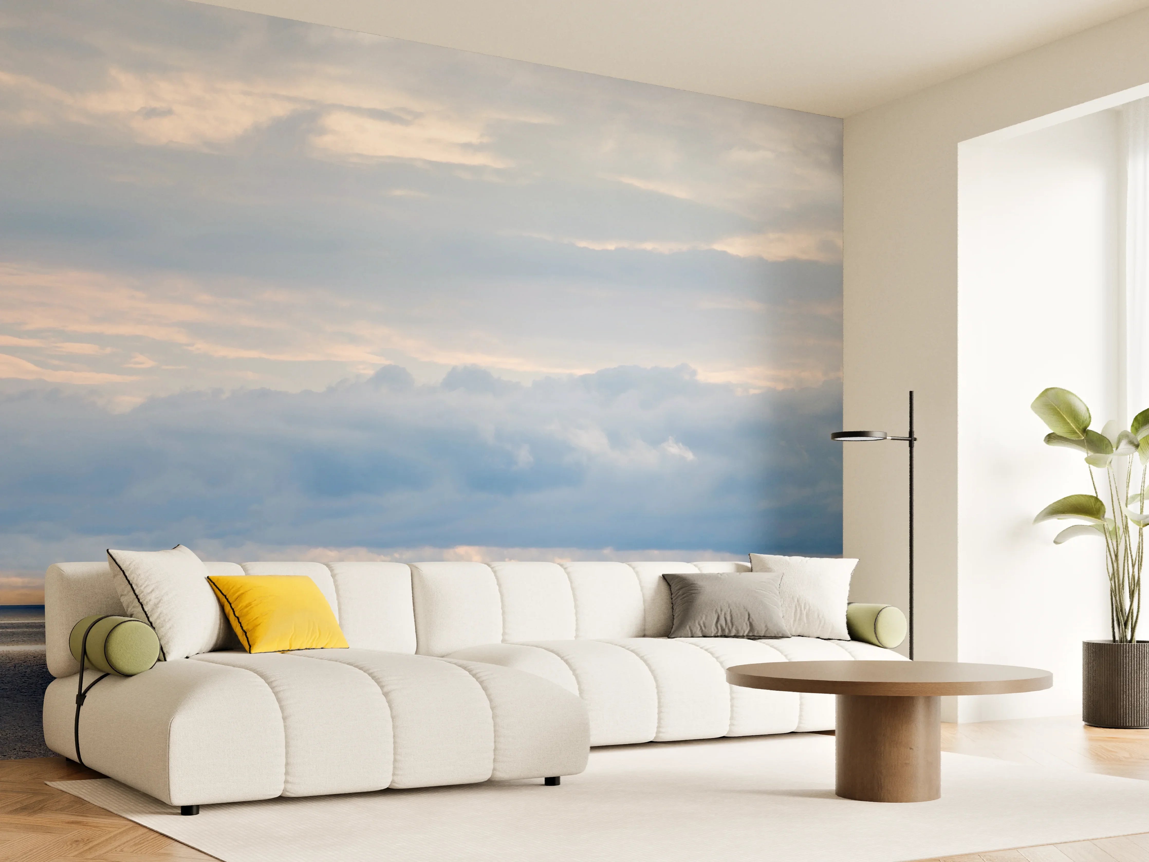 Wandverkleidung Wohnzimmer - Harmonisches Blau-Grau-Meerespanorama