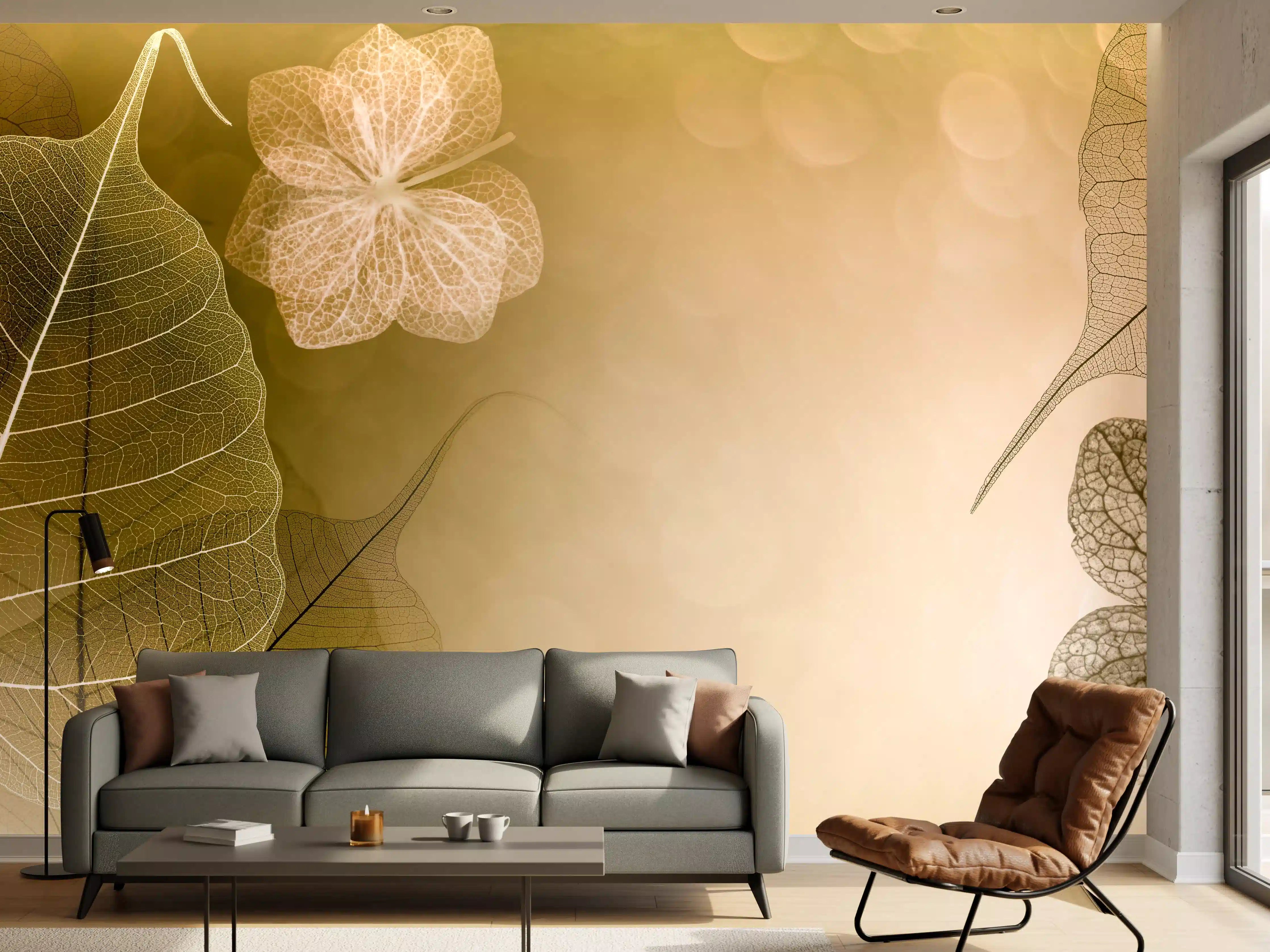Wandverkleidung Wohnzimmer - Harmonisches Naturbild mit Blättern und Blumen