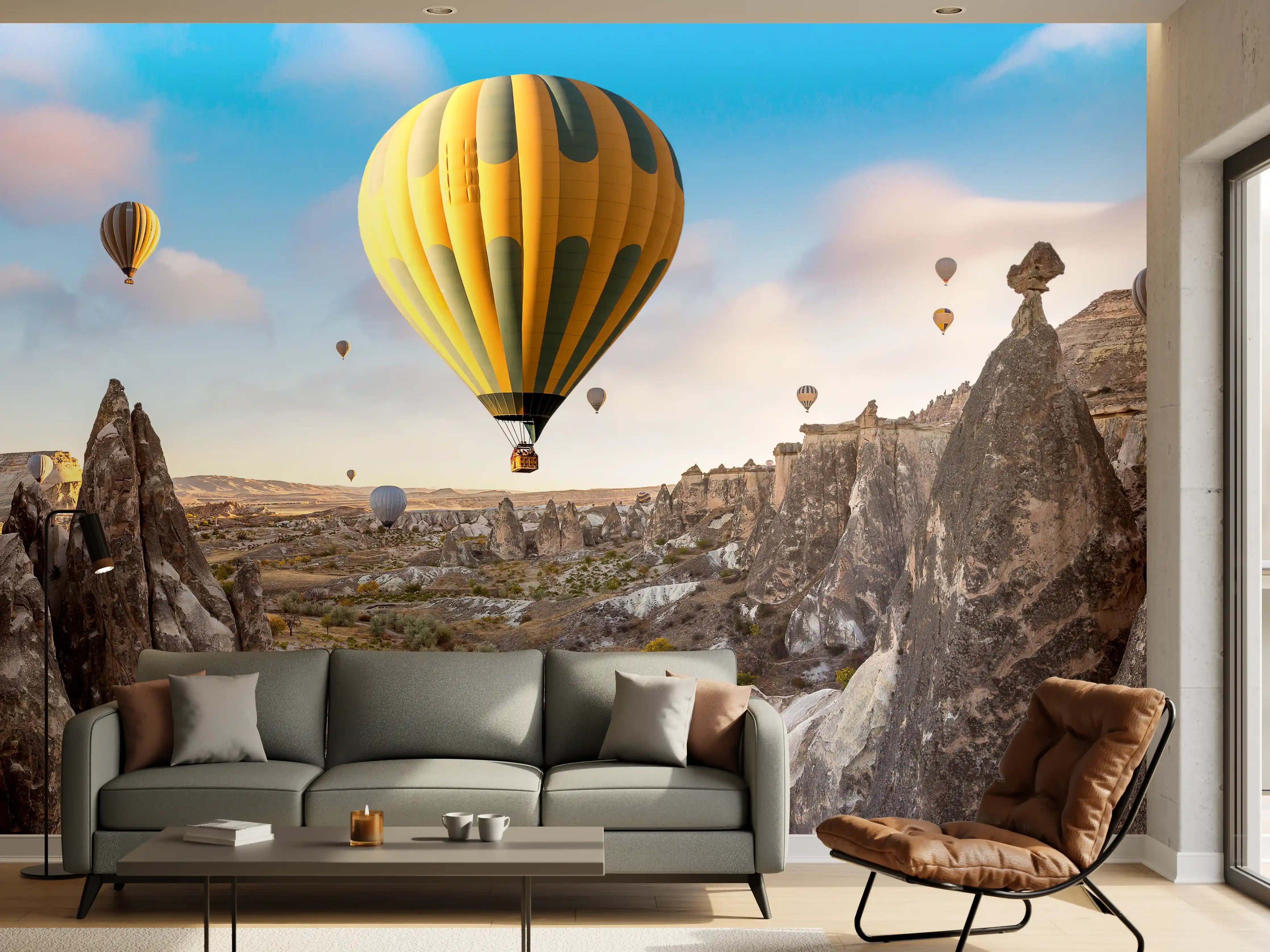 Wandverkleidung Wohnzimmer - Heißluftballons über der faszinierenden Landschaft