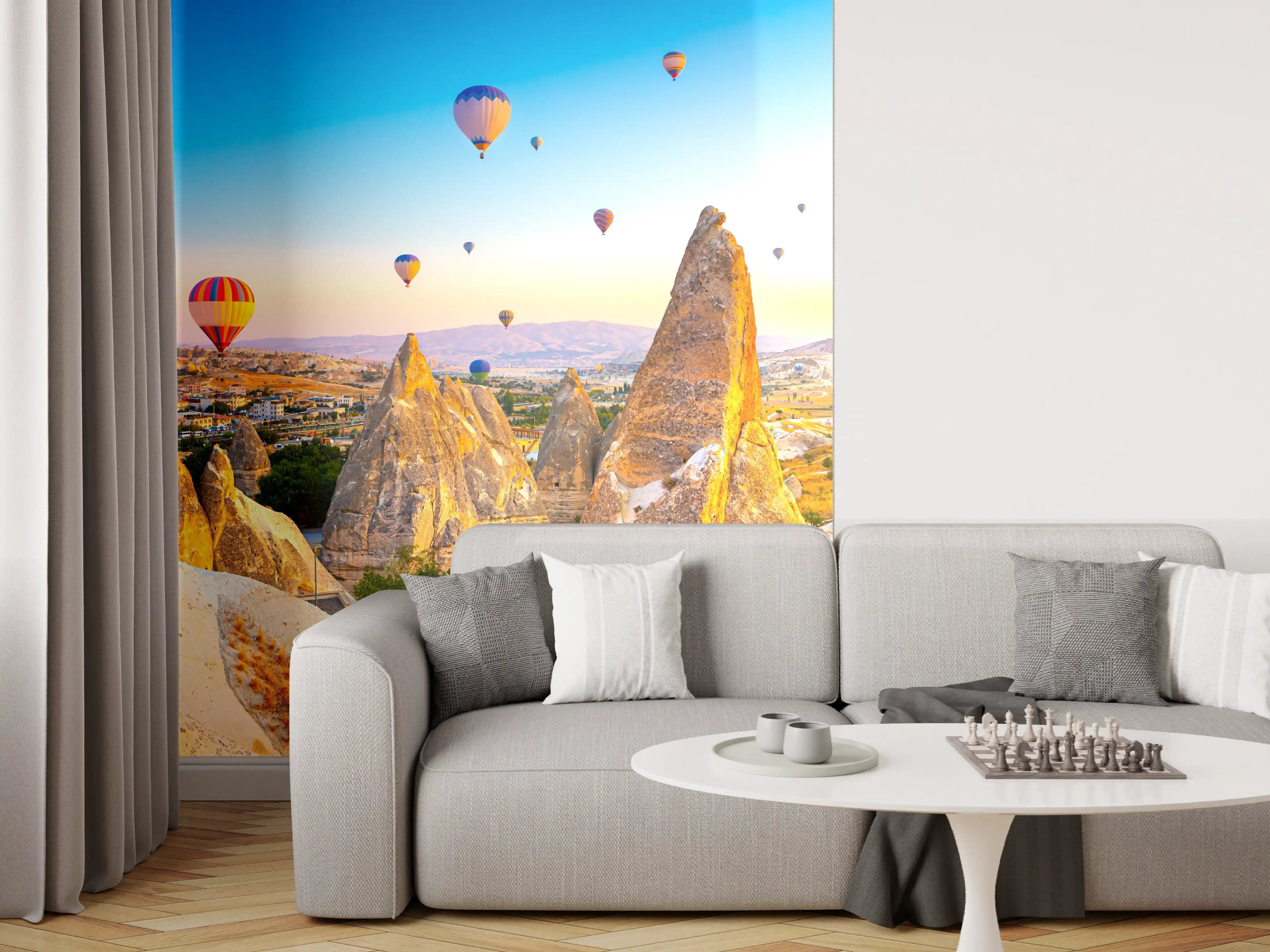 Wandverkleidung Wohnzimmer - Heißluftballons über der faszinierenden Steinlandschaft