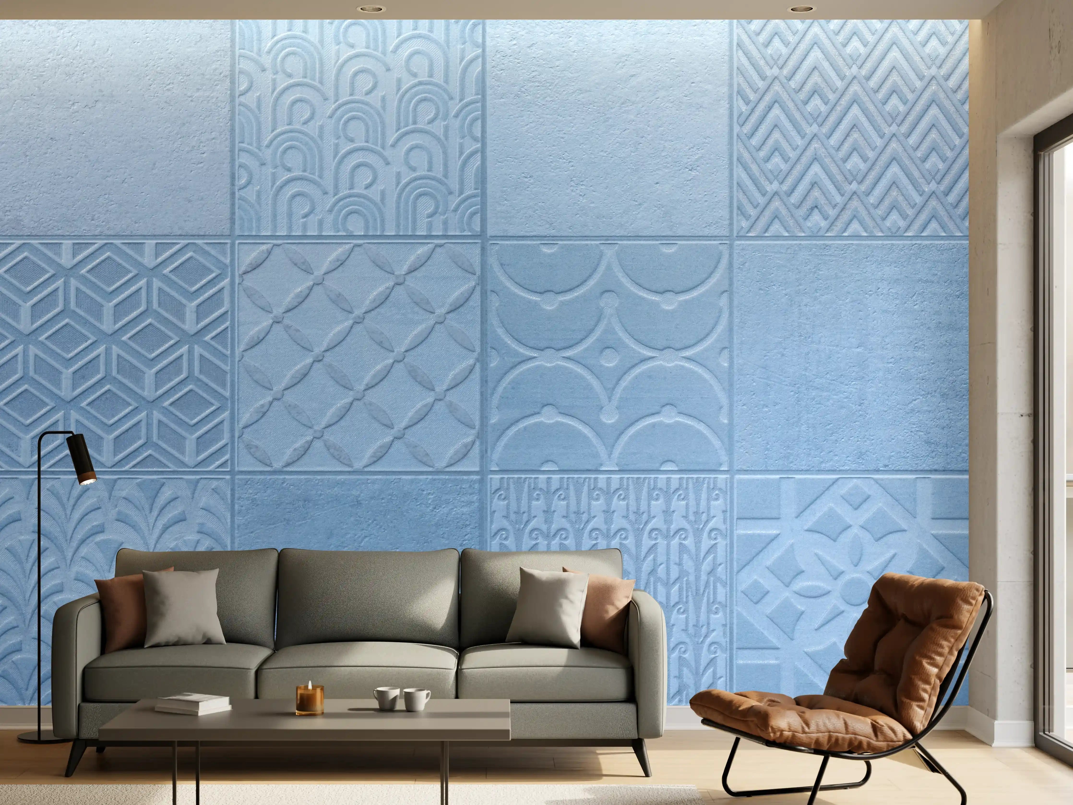 Wandverkleidung Wohnzimmer - Hellblaue Fliesenmuster 