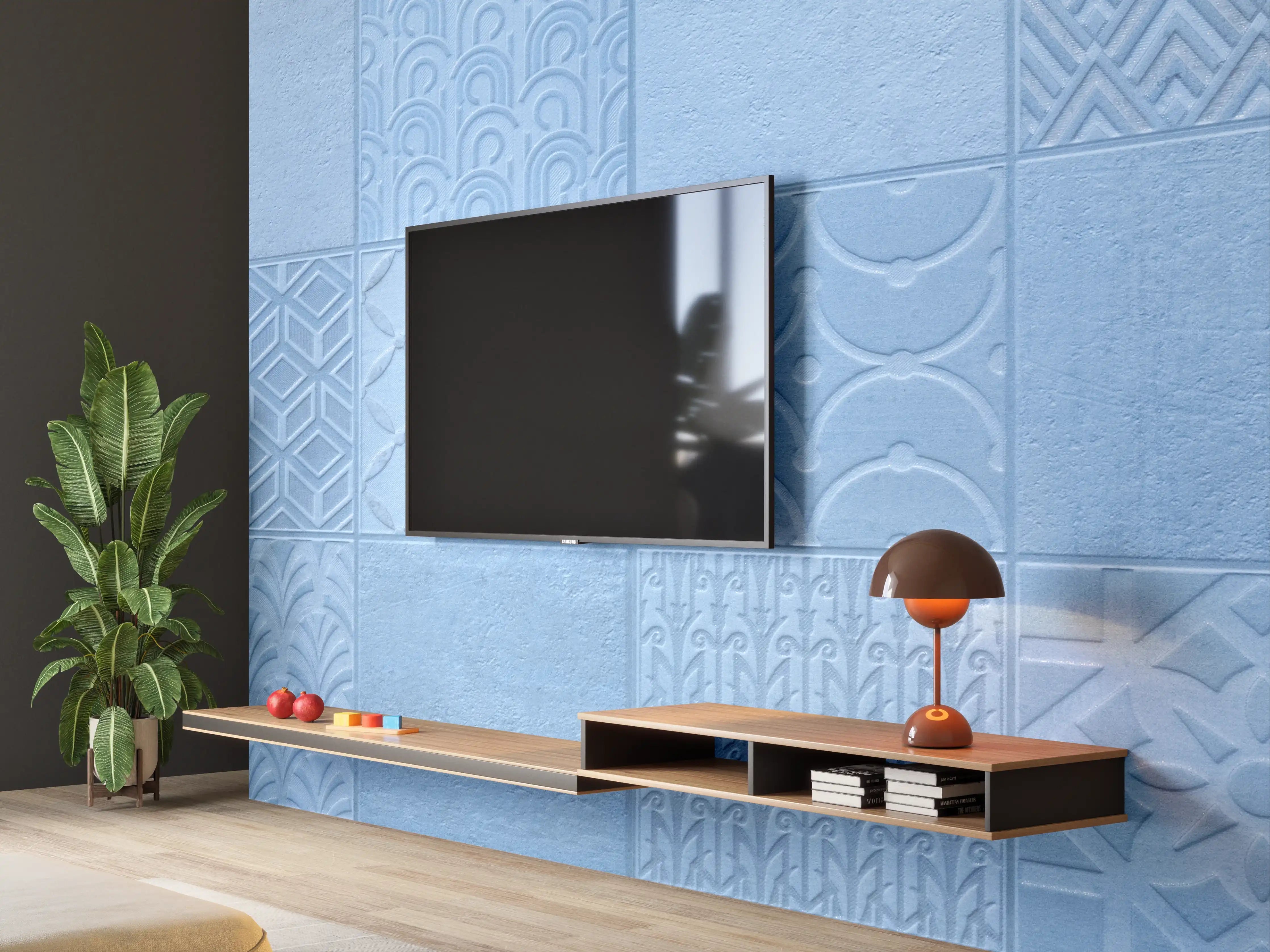 Wandverkleidung Wohnzimmer - Hellblaue Fliesenmuster 