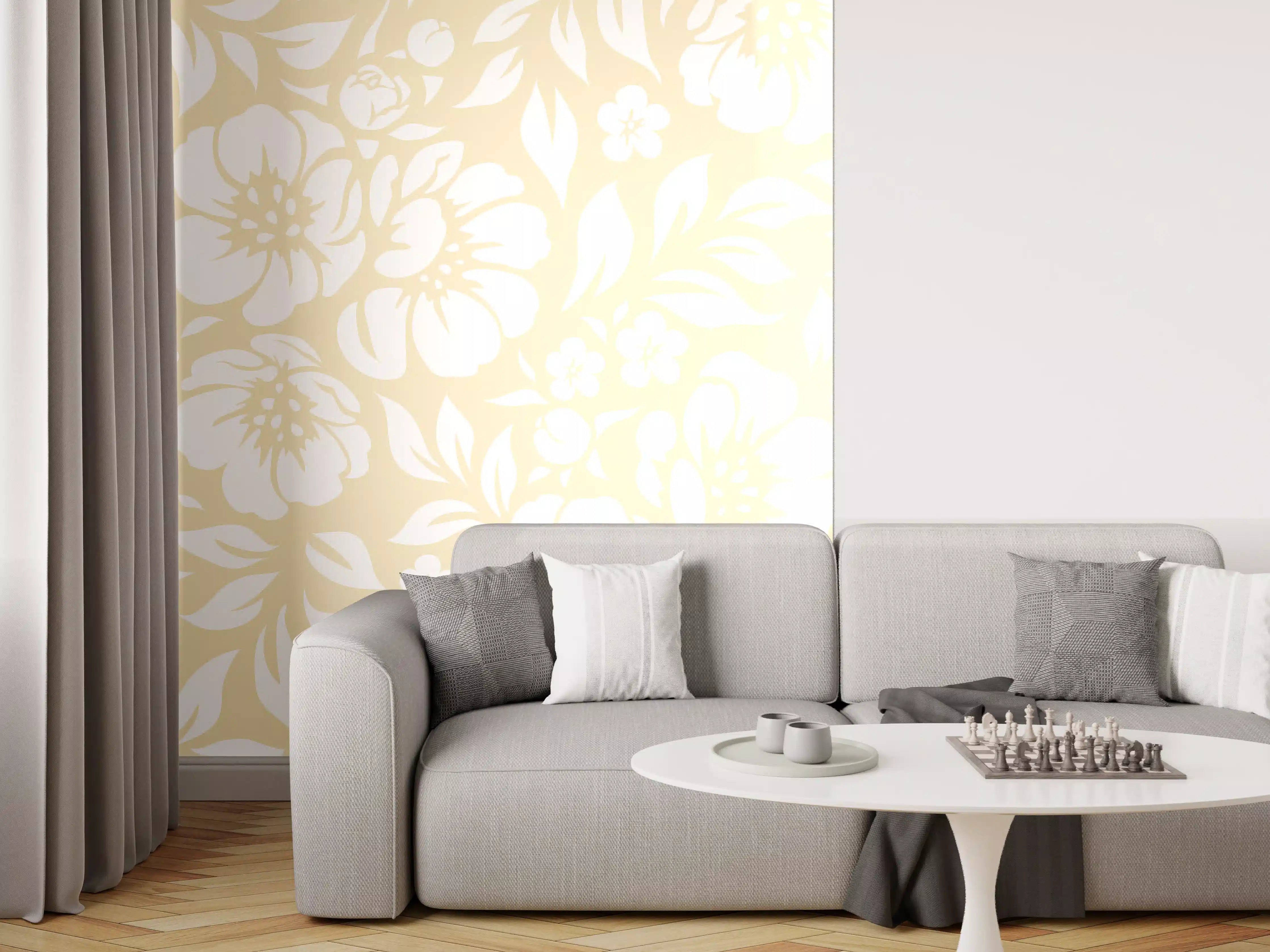 Wandverkleidung Wohnzimmer - Hellblumiges Gartenmuster, sanfte Naturfarben