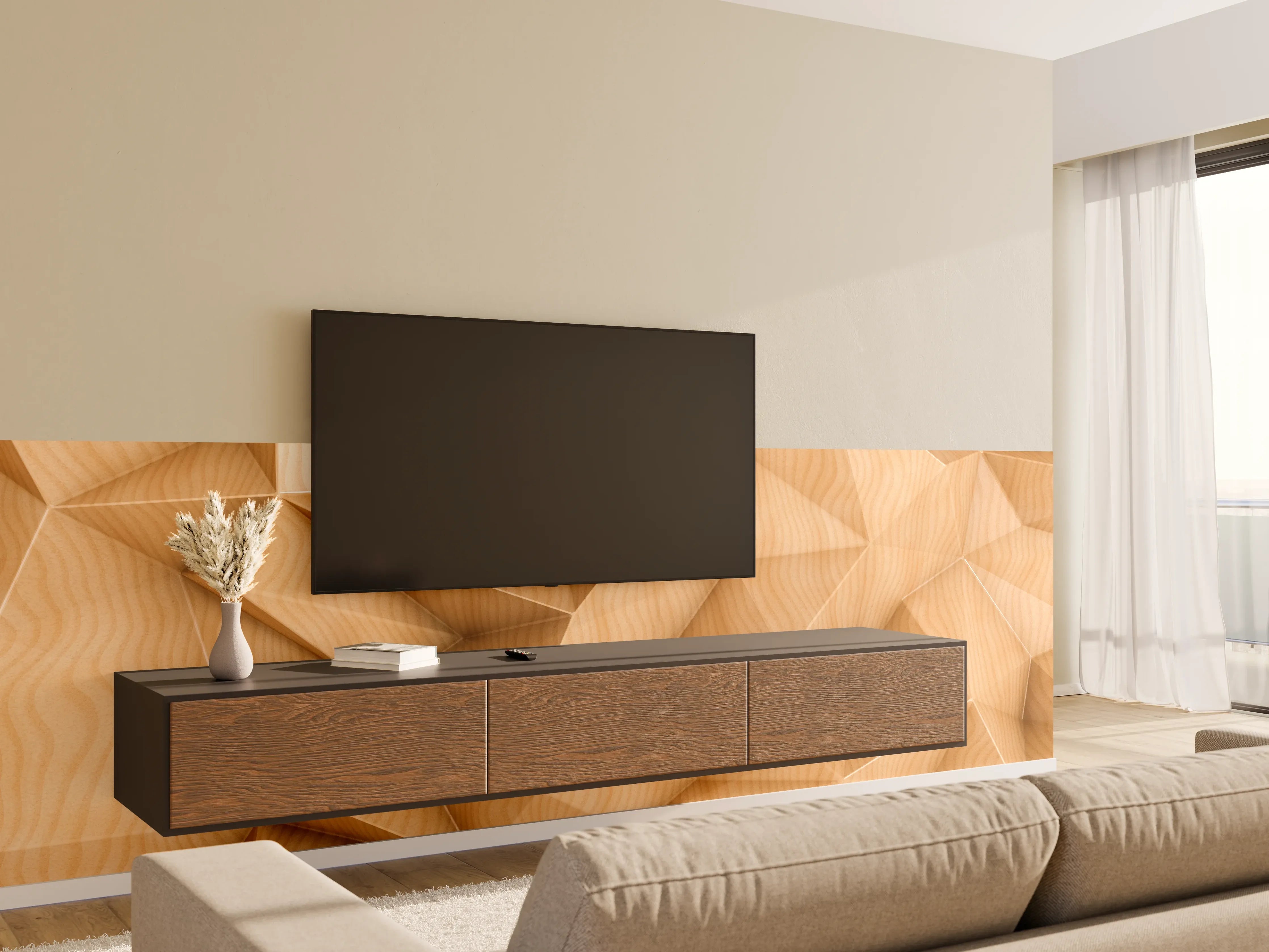 Wandverkleidung Wohnzimmer - Hellbraune Holzstruktur mit geometrischen Mustern