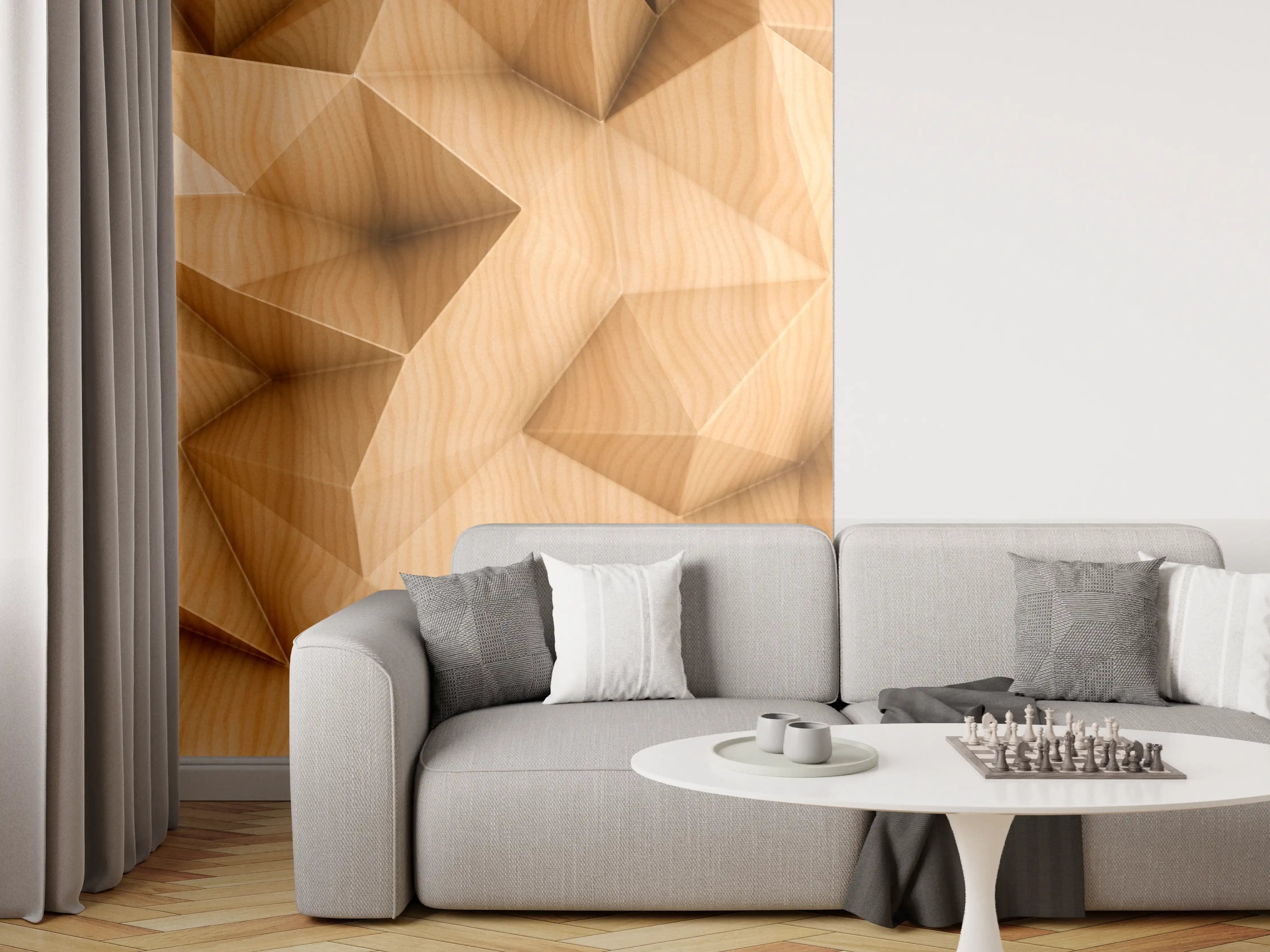 Wandverkleidung Wohnzimmer - Hellbraune Holzstruktur mit geometrischen Mustern