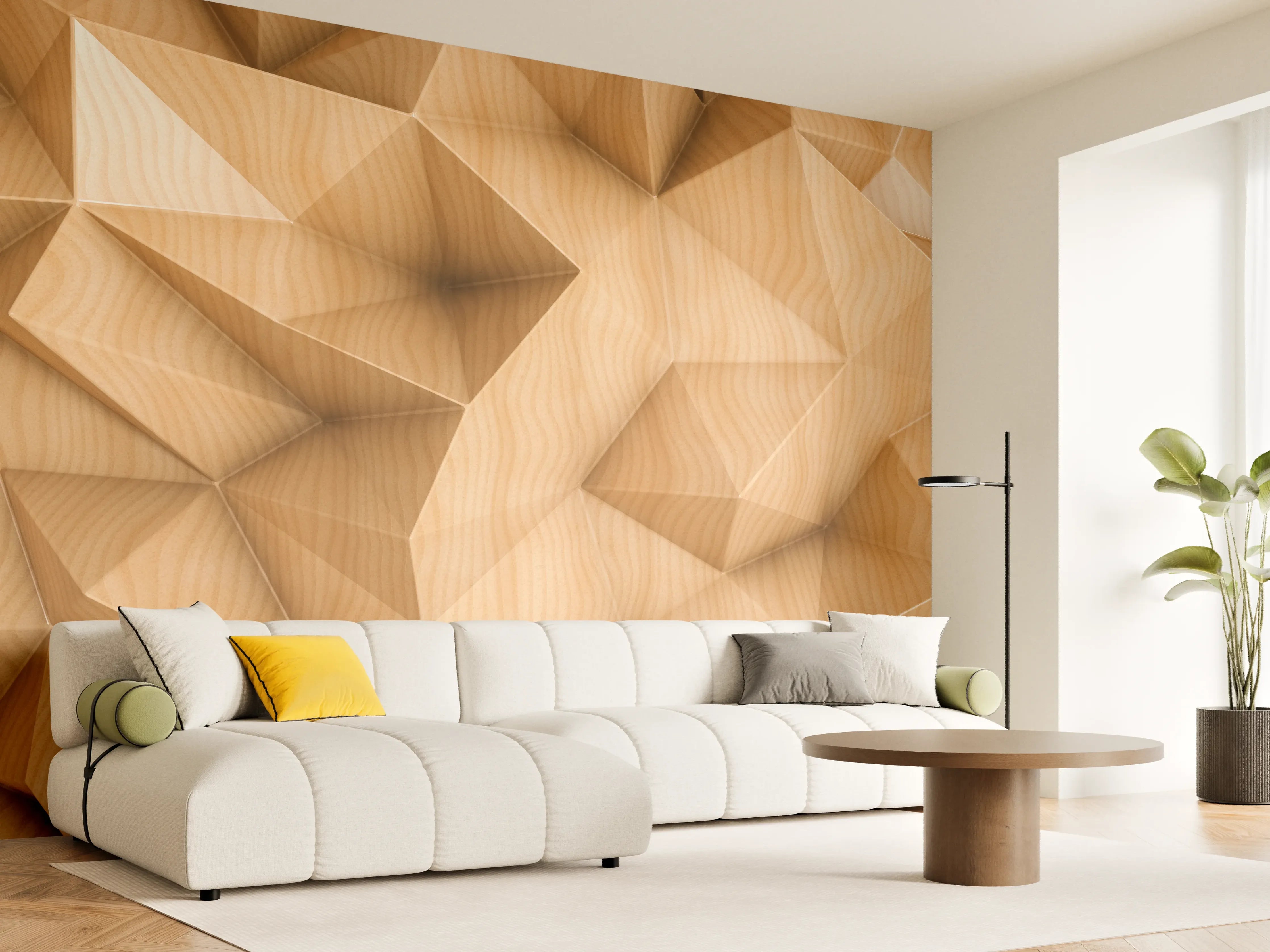 Wandverkleidung Wohnzimmer - Hellbraune Holzstruktur mit geometrischen Mustern