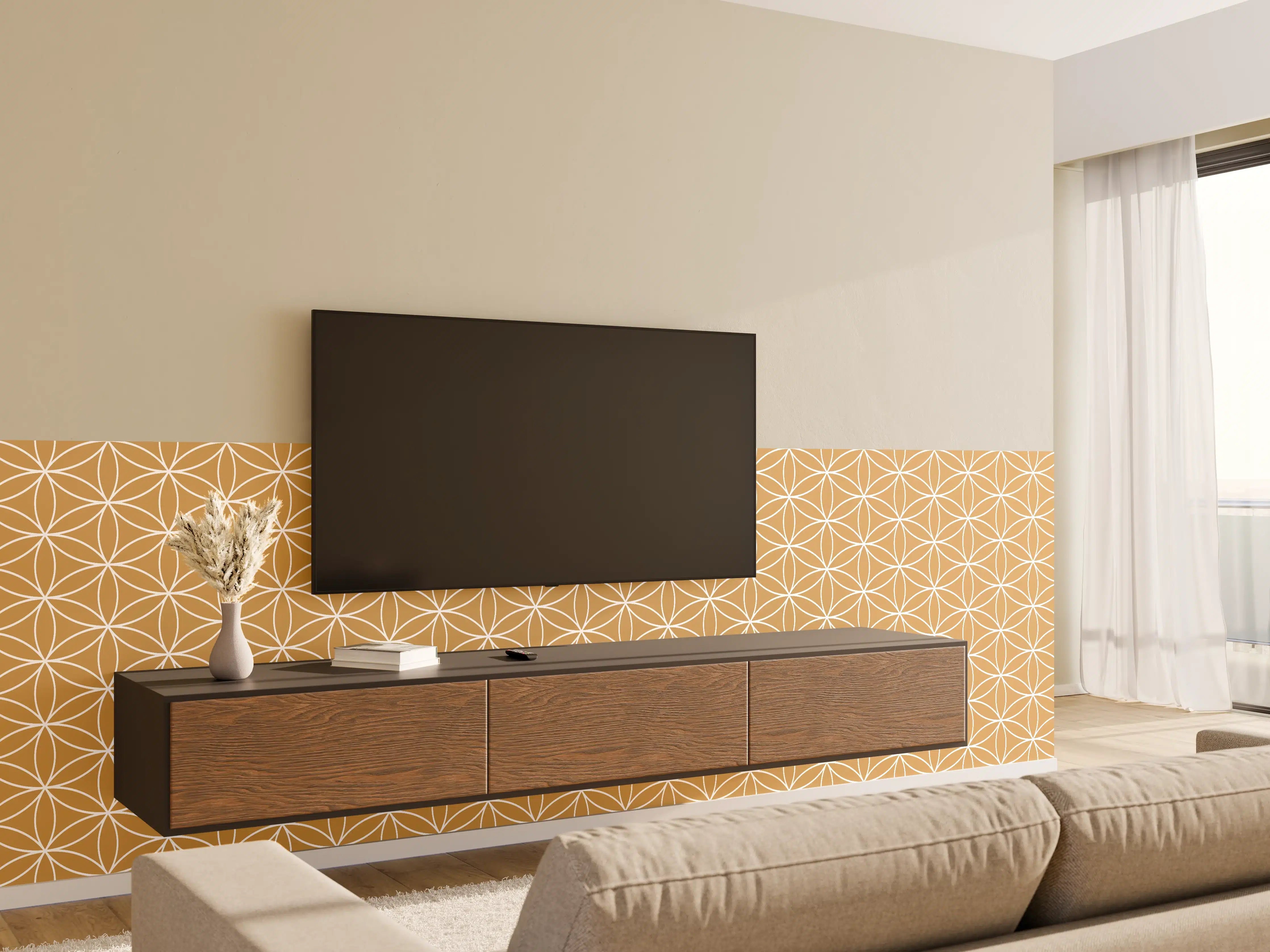 Wandverkleidung Wohnzimmer - Hellbraune geometrische Muster