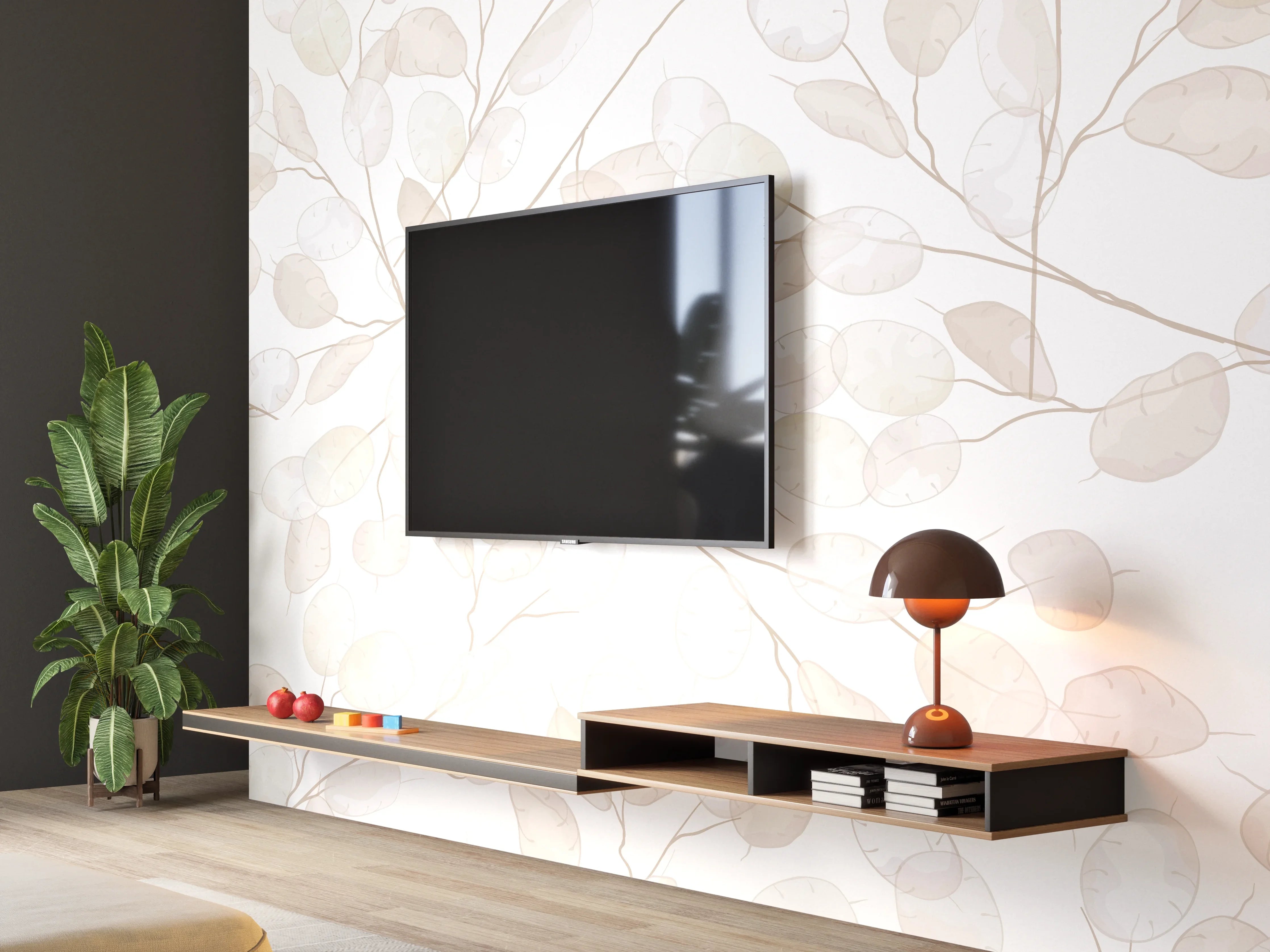 Wandverkleidung Wohnzimmer - Helle Blättermuster Wandgestaltung