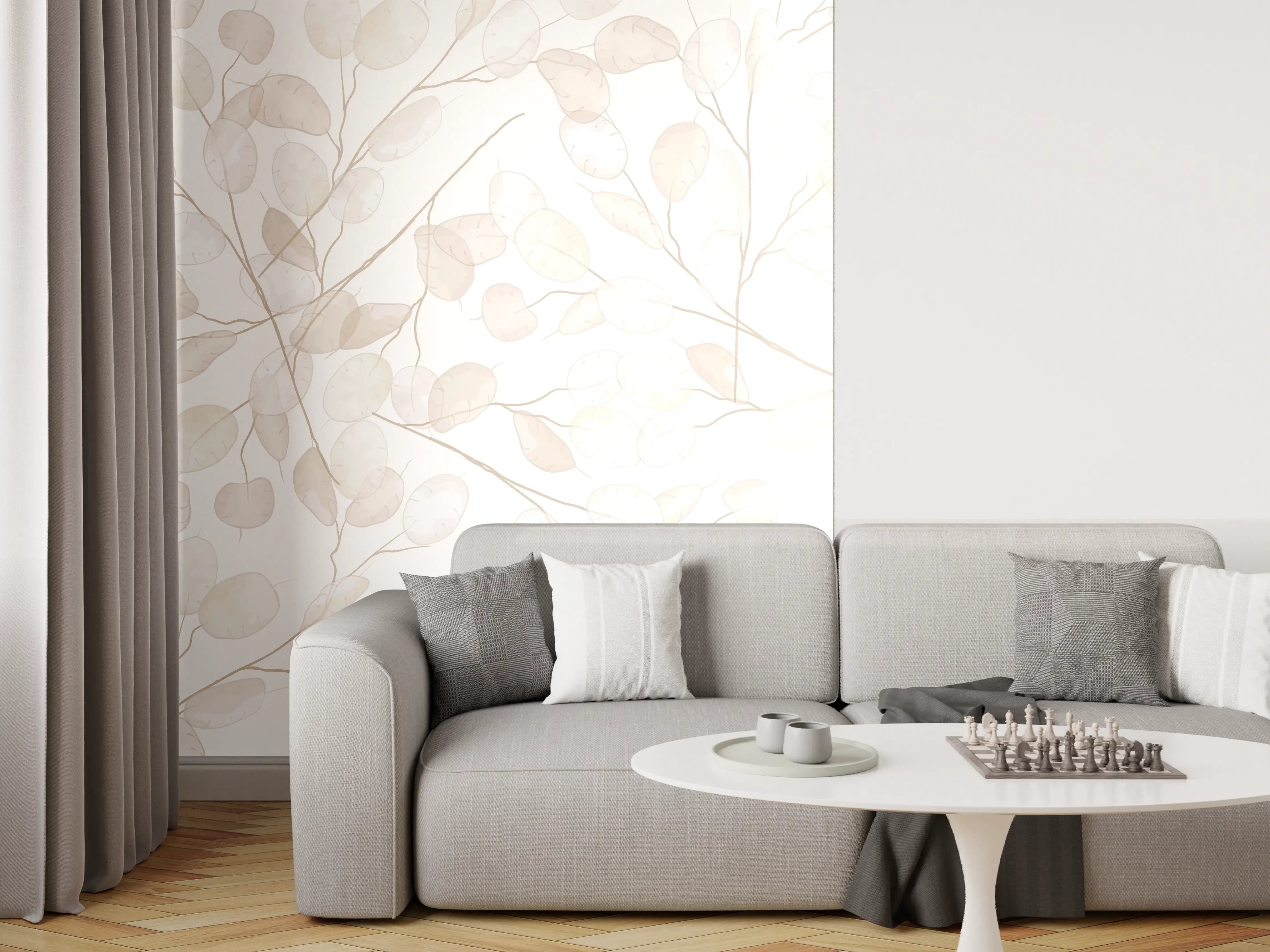 Wandverkleidung Wohnzimmer - Helle Blättermuster Wandgestaltung