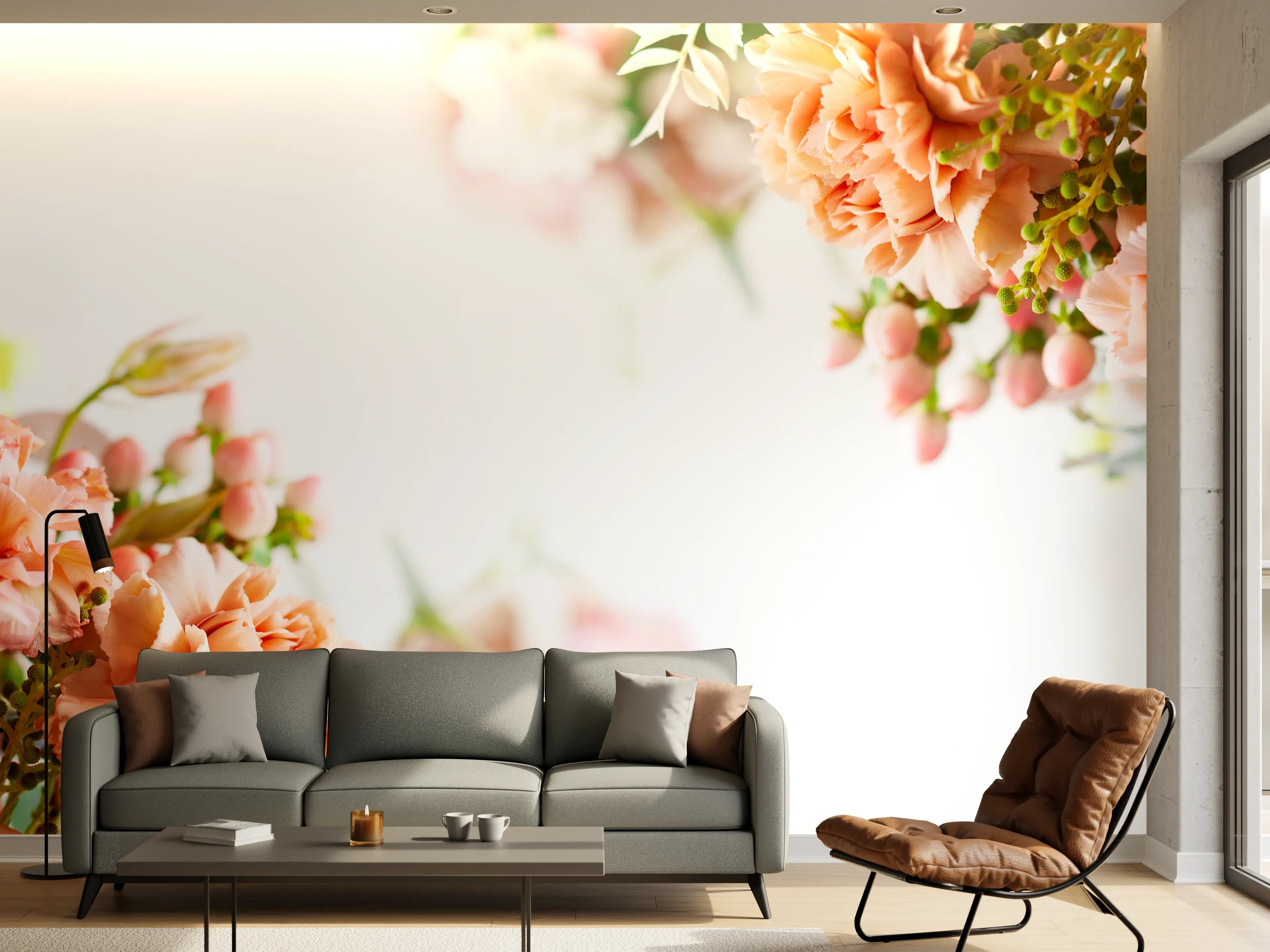 Wandverkleidung Wohnzimmer - Helle Blumenarrangements mit Pfirsichtönen