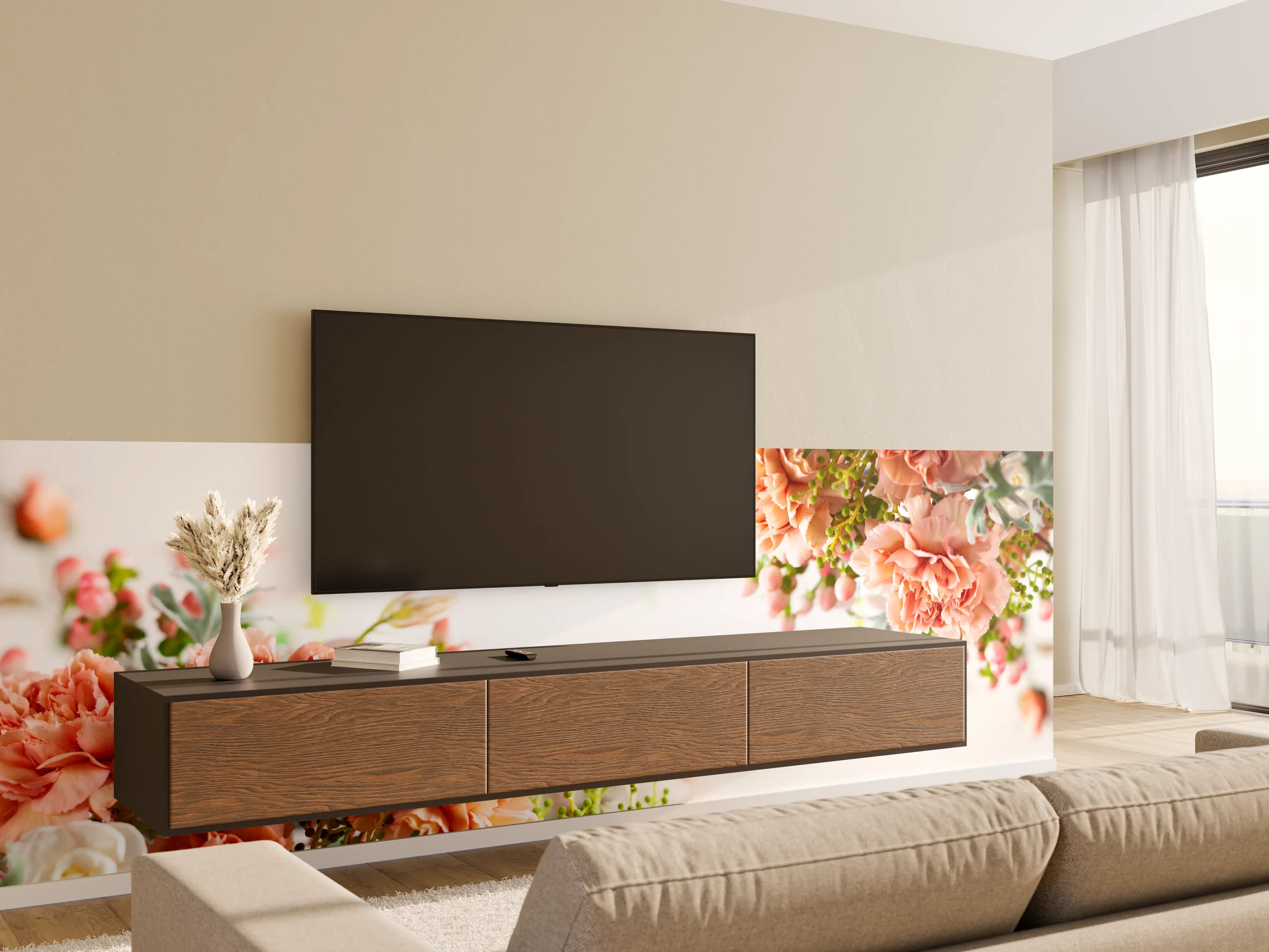 Wandverkleidung Wohnzimmer - Helle Blumenarrangements mit Pfirsichtönen