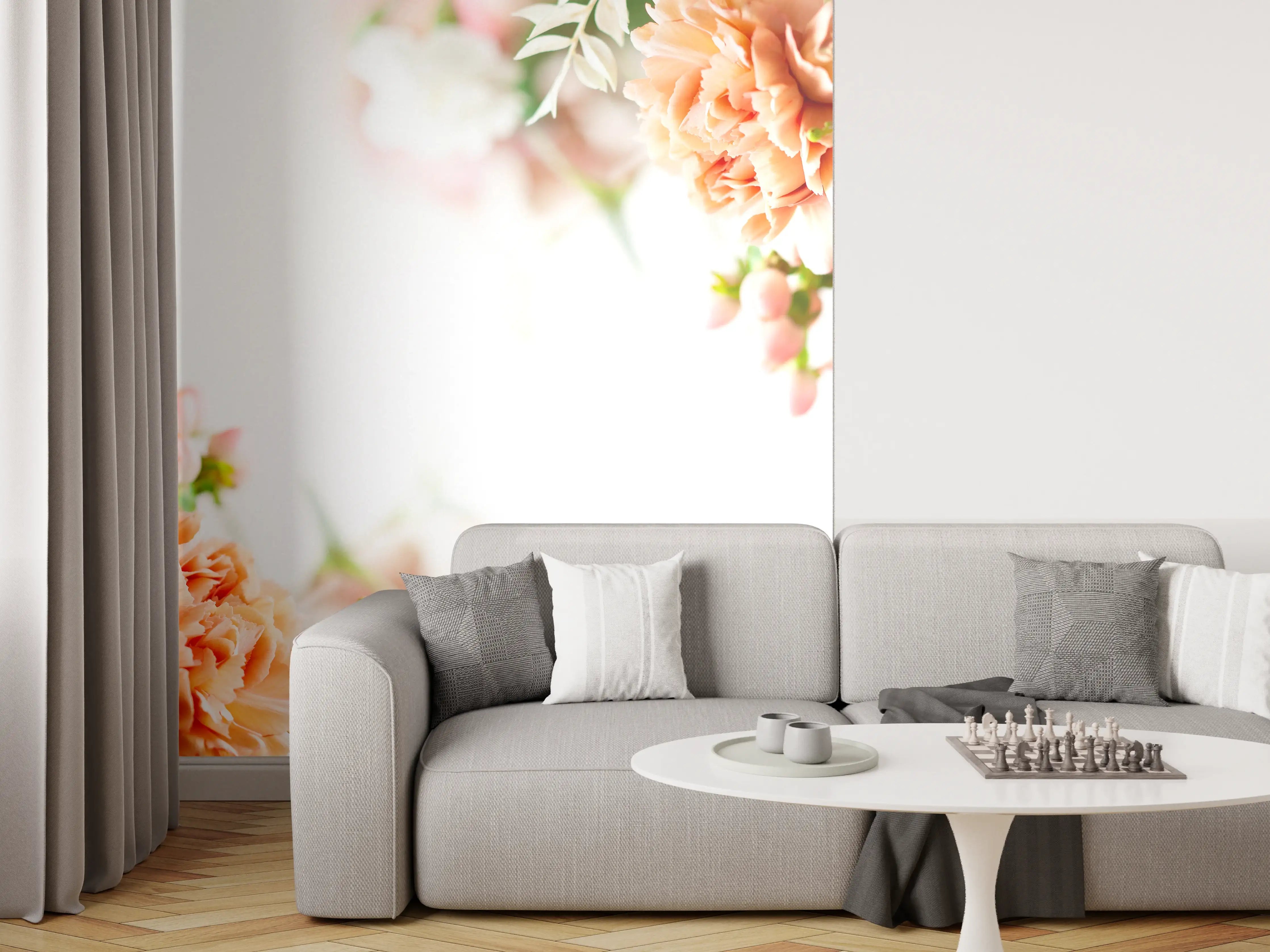 Wandverkleidung Wohnzimmer - Helle Blumenarrangements mit Pfirsichtönen