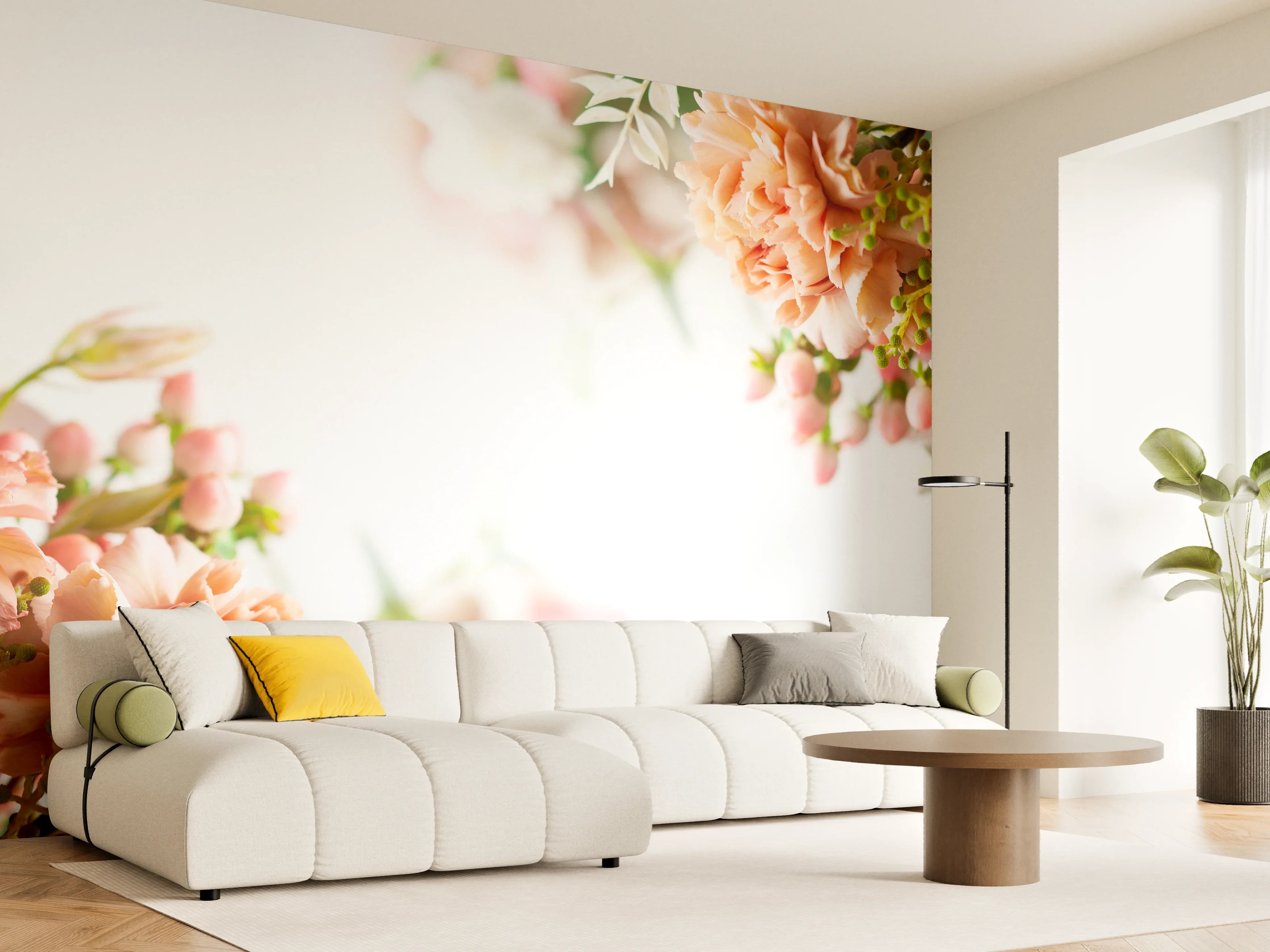 Wandverkleidung Wohnzimmer - Helle Blumenarrangements mit Pfirsichtönen