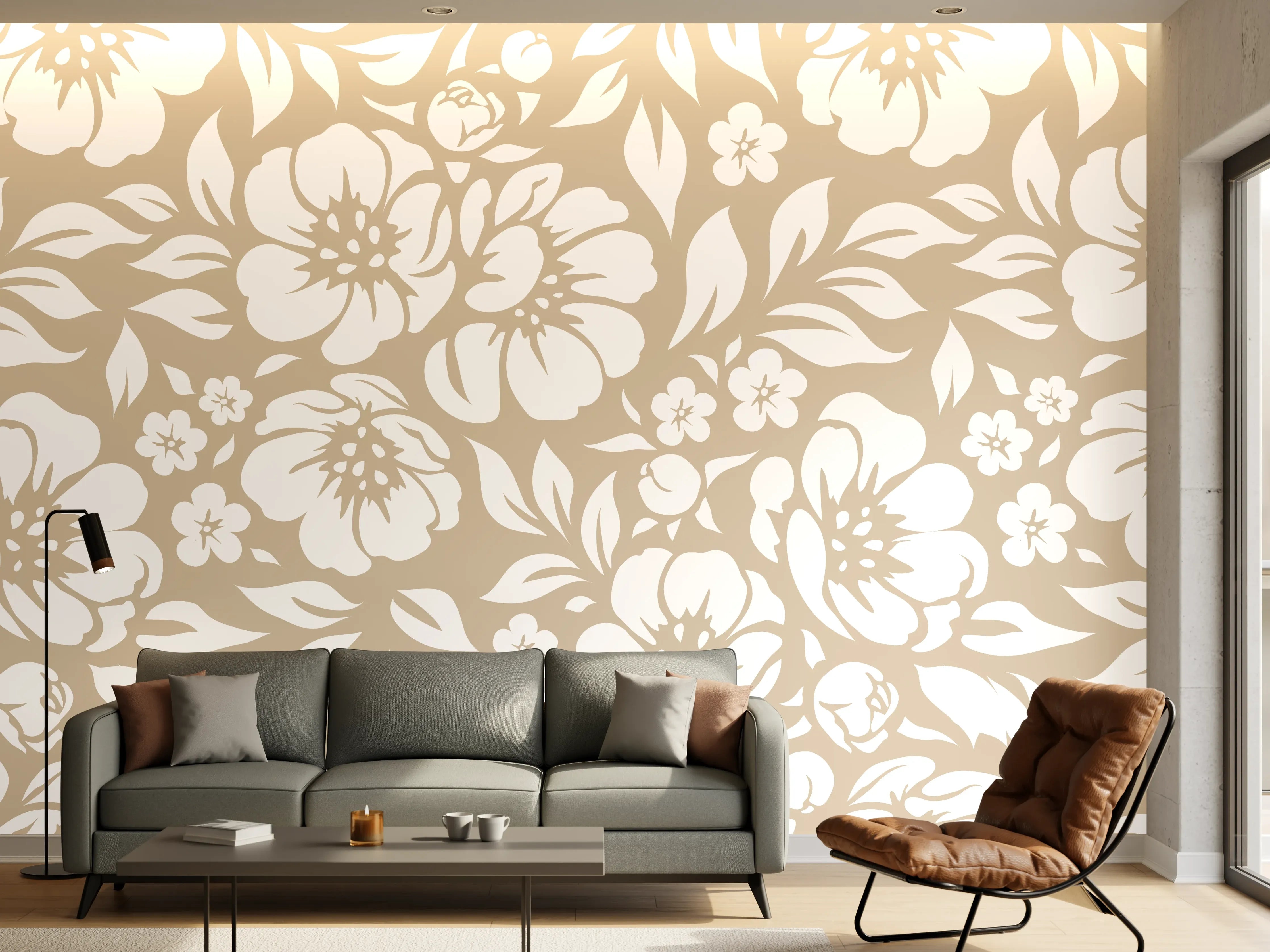 Wandverkleidung Wohnzimmer - Helle Blumenmuster in Beige und Weiß